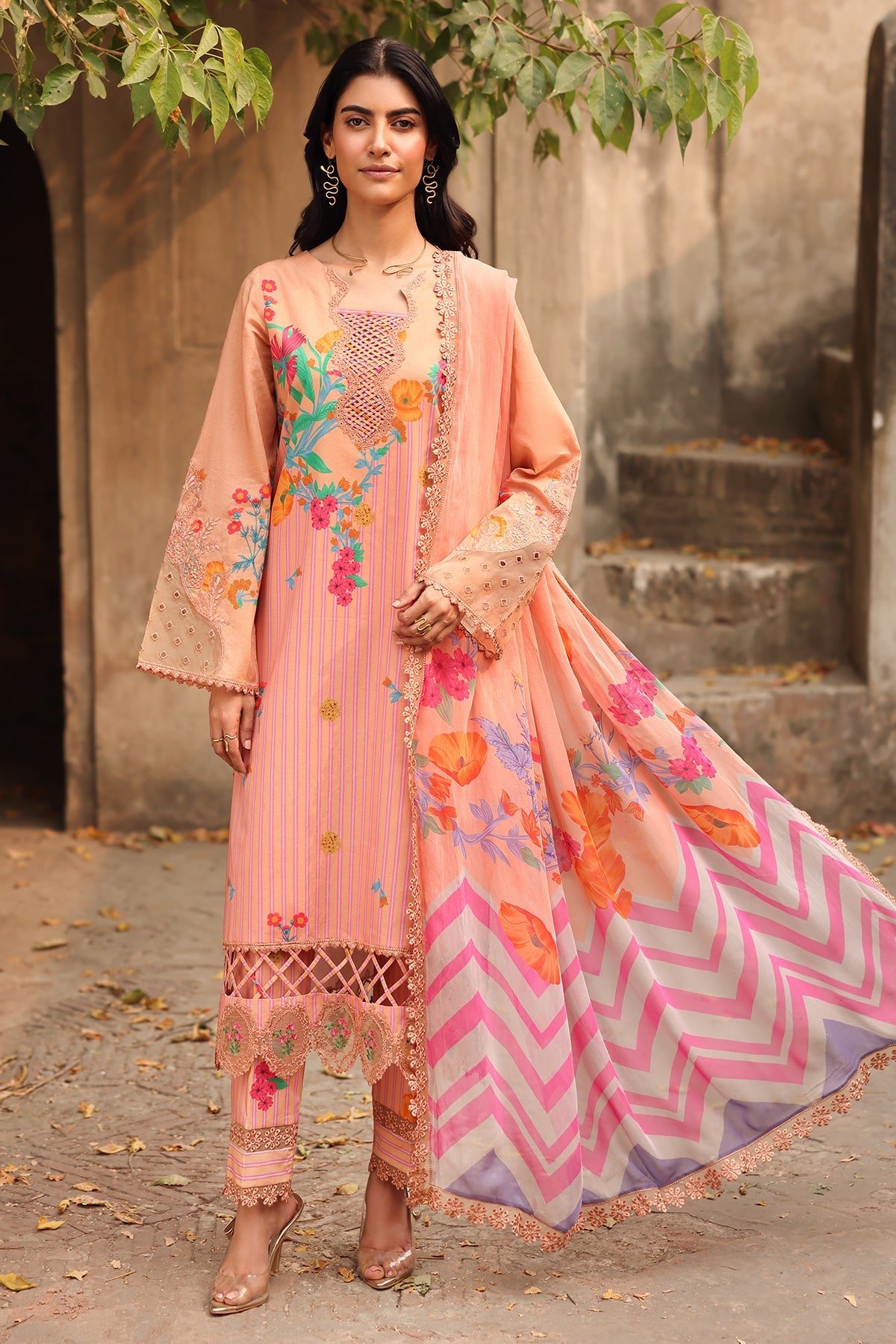 3-PC Embroidered Lawn Shirt with Embroidered Chiffon Dupatta and Trouser DSCC4-13