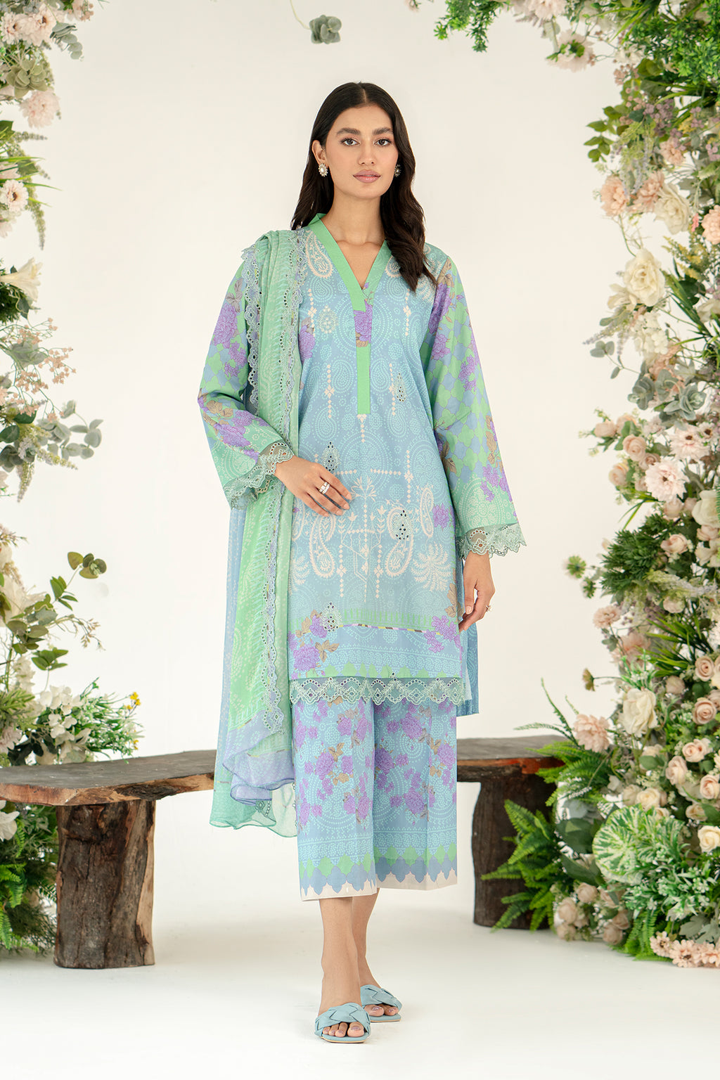 3-Pc Unstitched Printed Embroidered Lawn Suit With Chiffon Dupatta CRB3-26