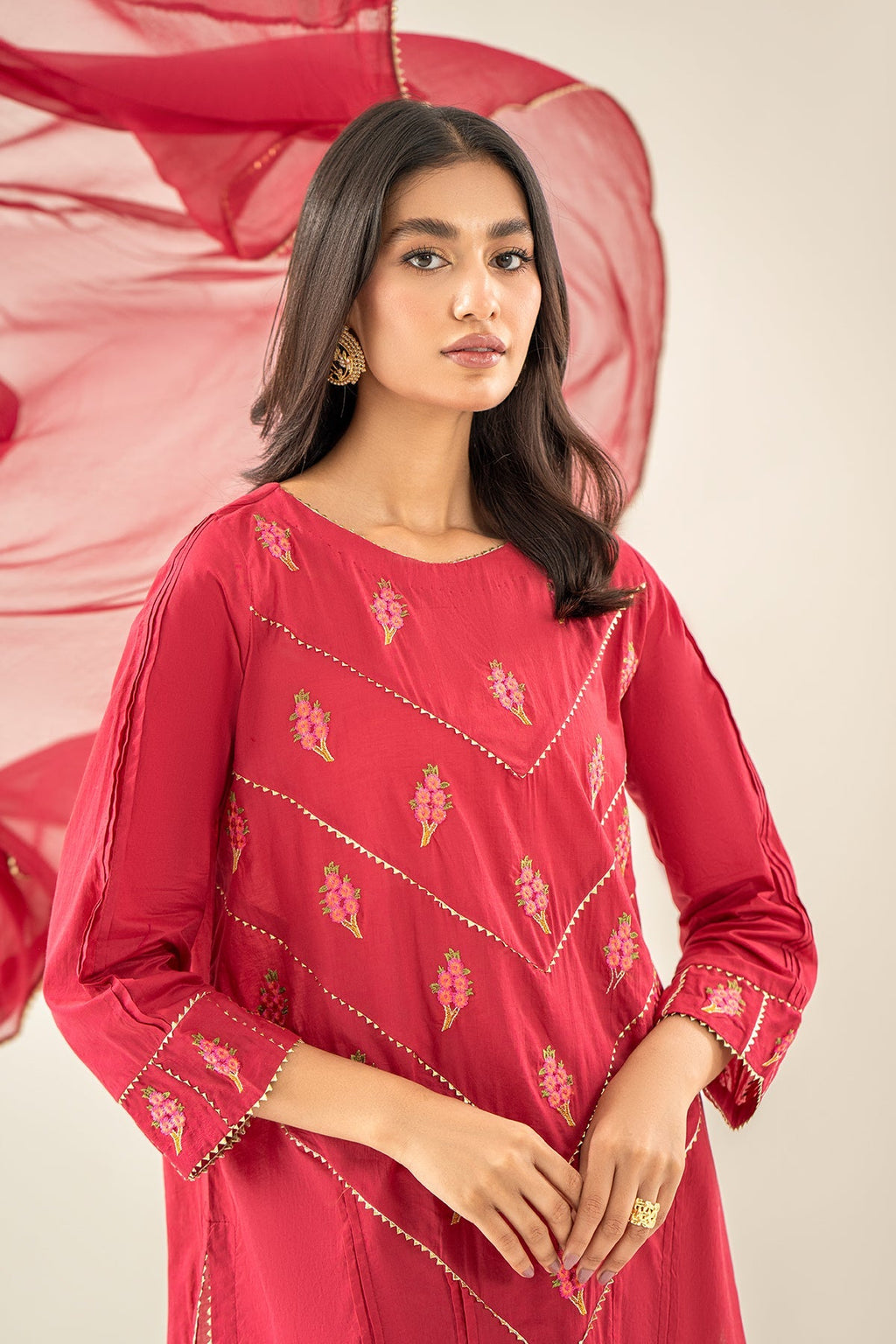 3-PC Cotton Embroidered Shirt with Trouser & Plain Dupatta - EDP23-21