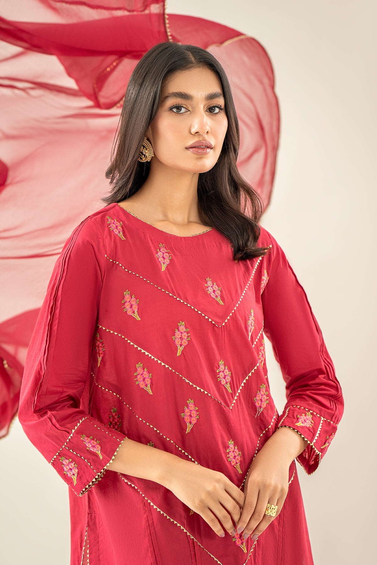 3-PC Cotton Embroidered Shirt with Trouser & Plain Dupatta - EDP23-21
