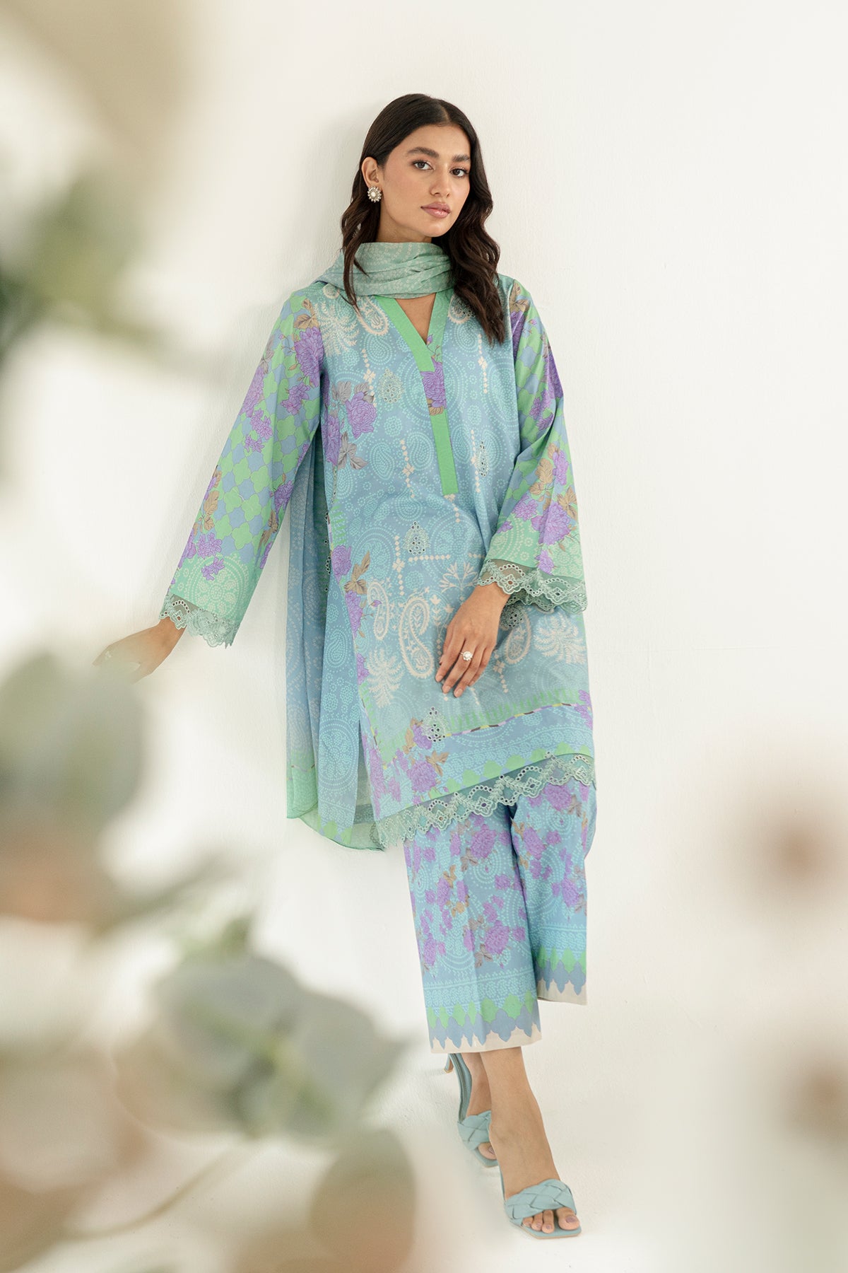3-Pc Unstitched Printed Embroidered Lawn Suit With Chiffon Dupatta CRB3-26