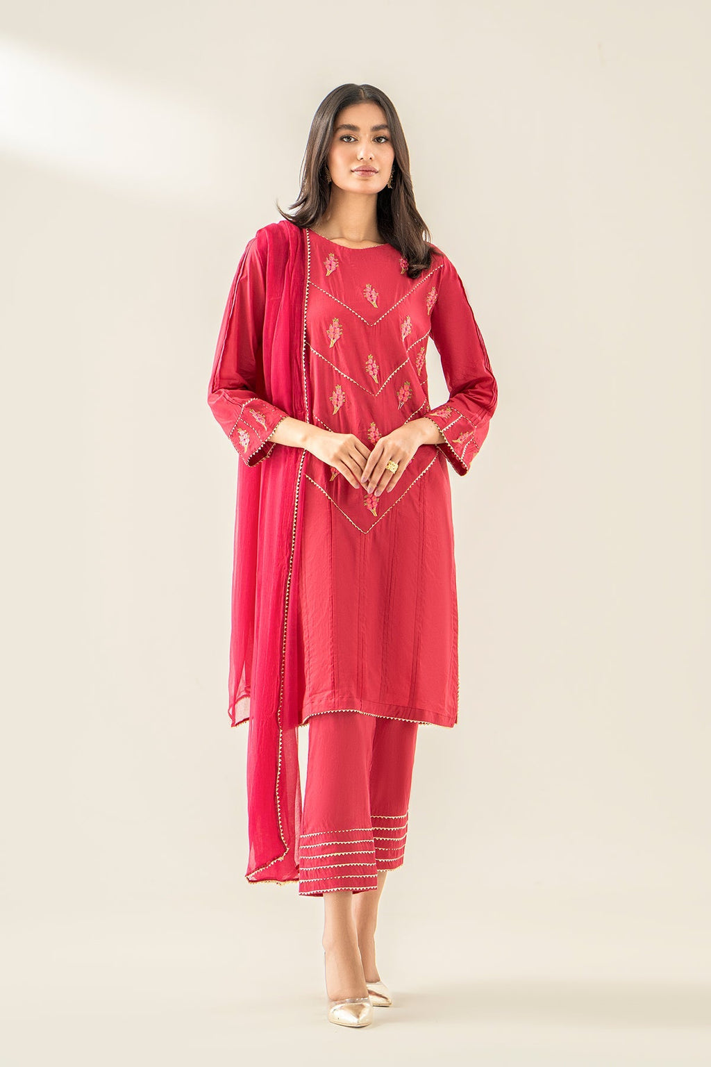 3-PC Cotton Embroidered Shirt with Trouser & Plain Dupatta - EDP23-21