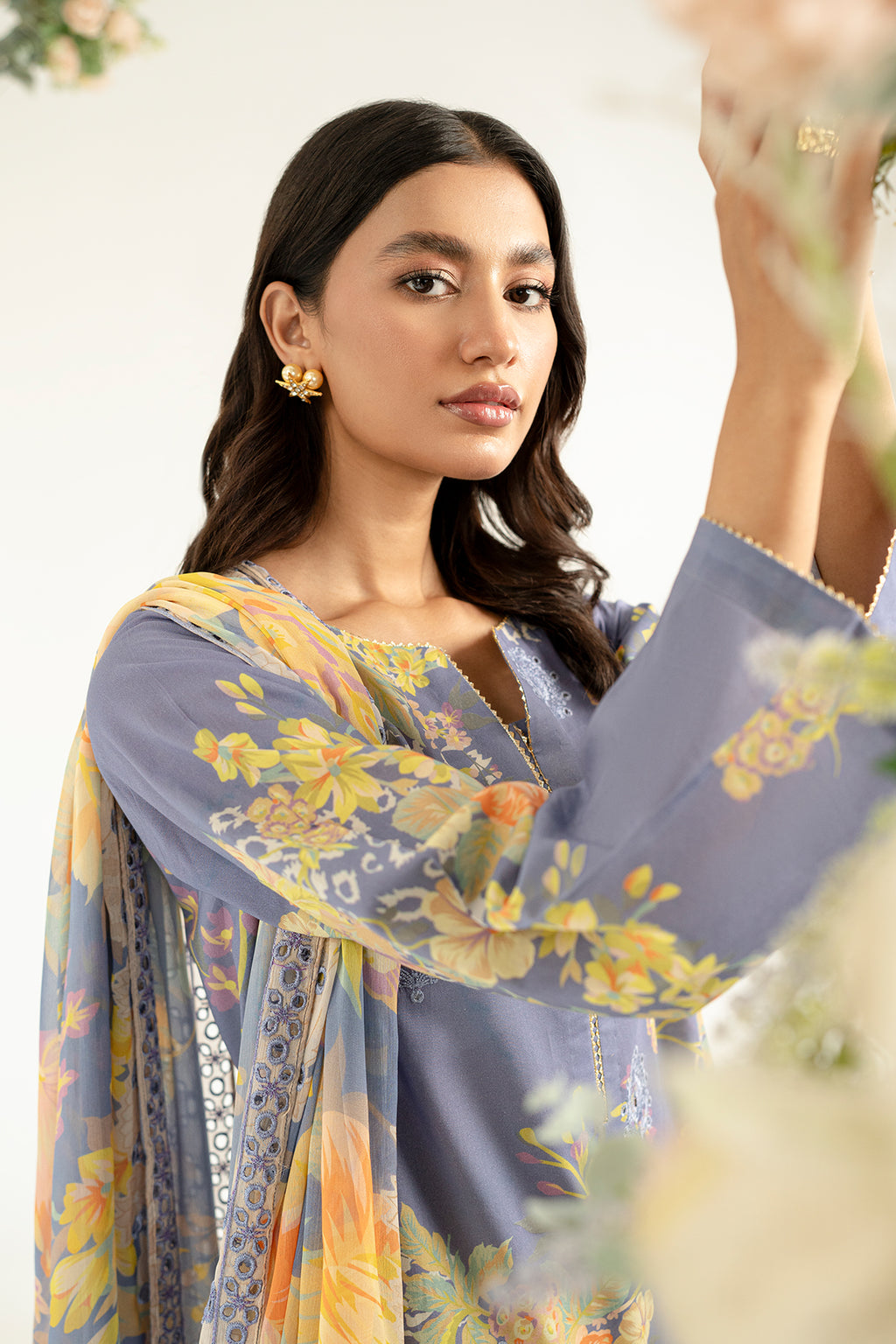 3-Pc Unstitched Printed Embroidered Lawn Suit With Chiffon Dupatta CRB3-27