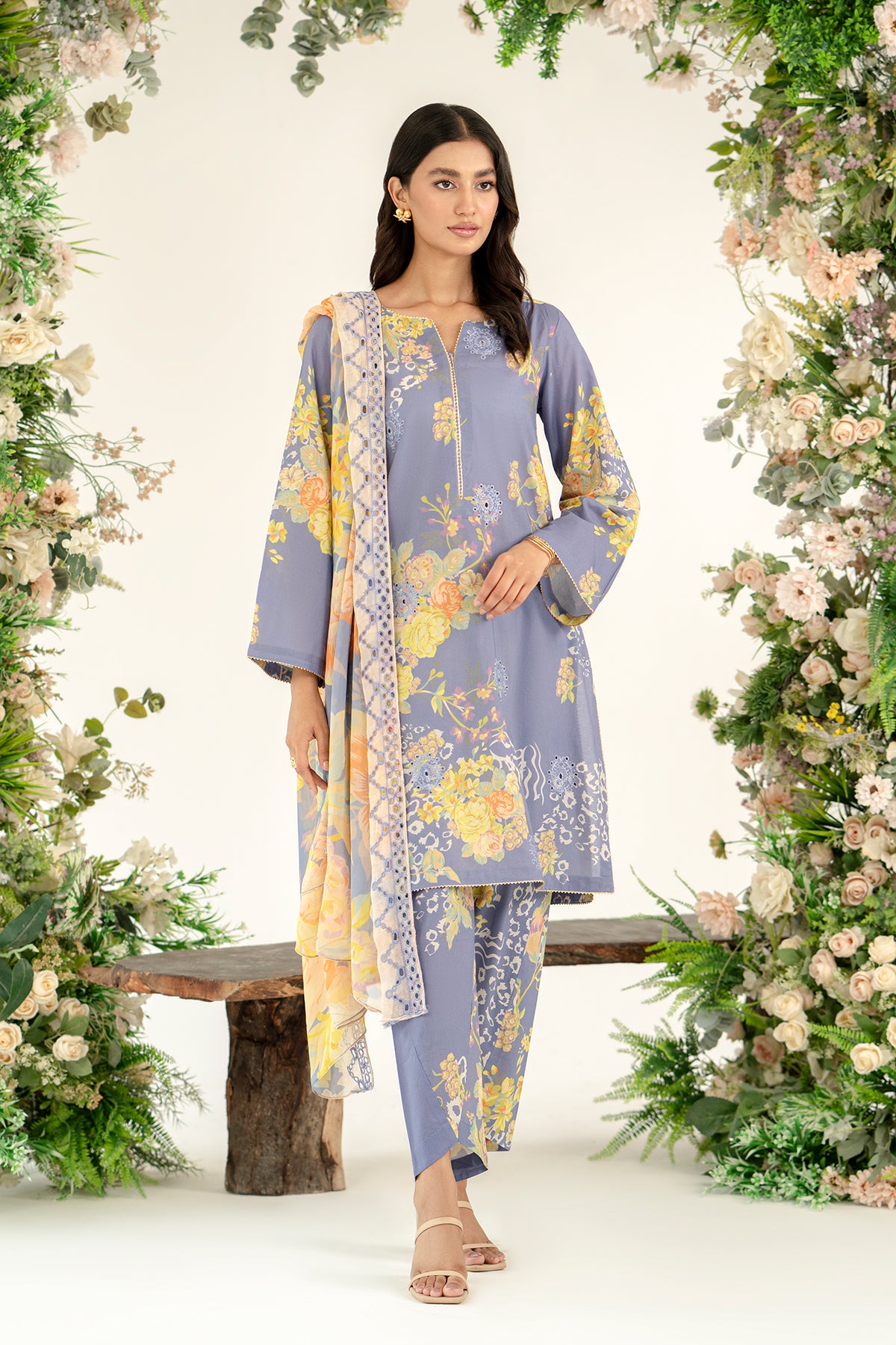 3-Pc Unstitched Printed Embroidered Lawn Suit With Chiffon Dupatta CRB3-27