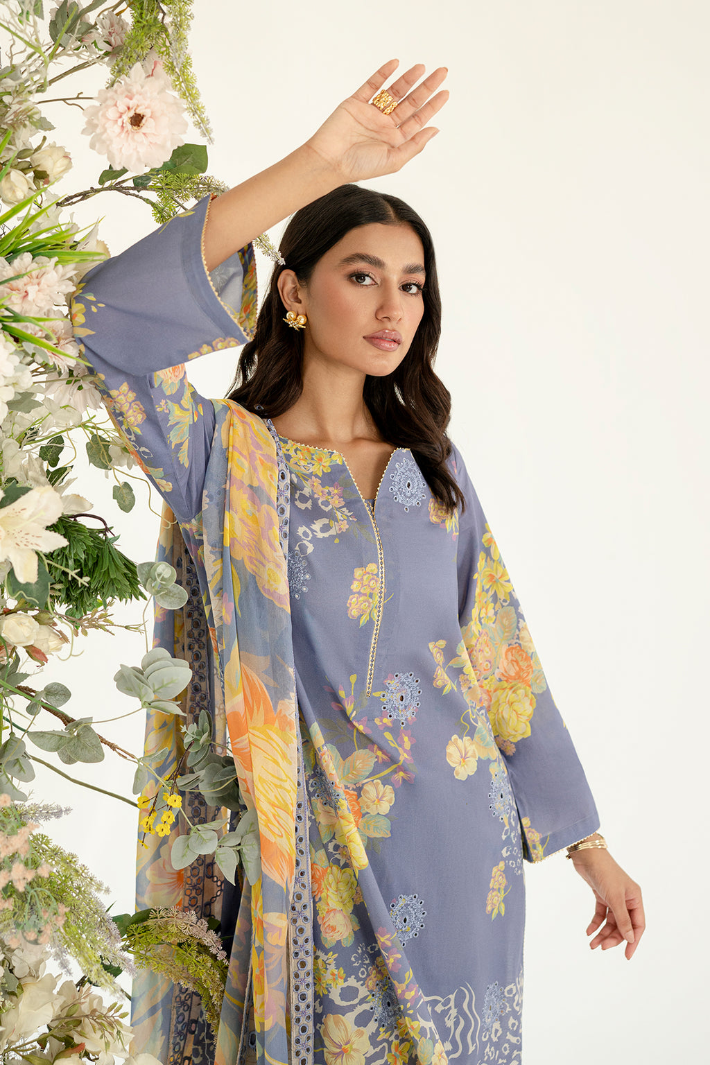 3-Pc Unstitched Printed Embroidered Lawn Suit With Chiffon Dupatta CRB3-27