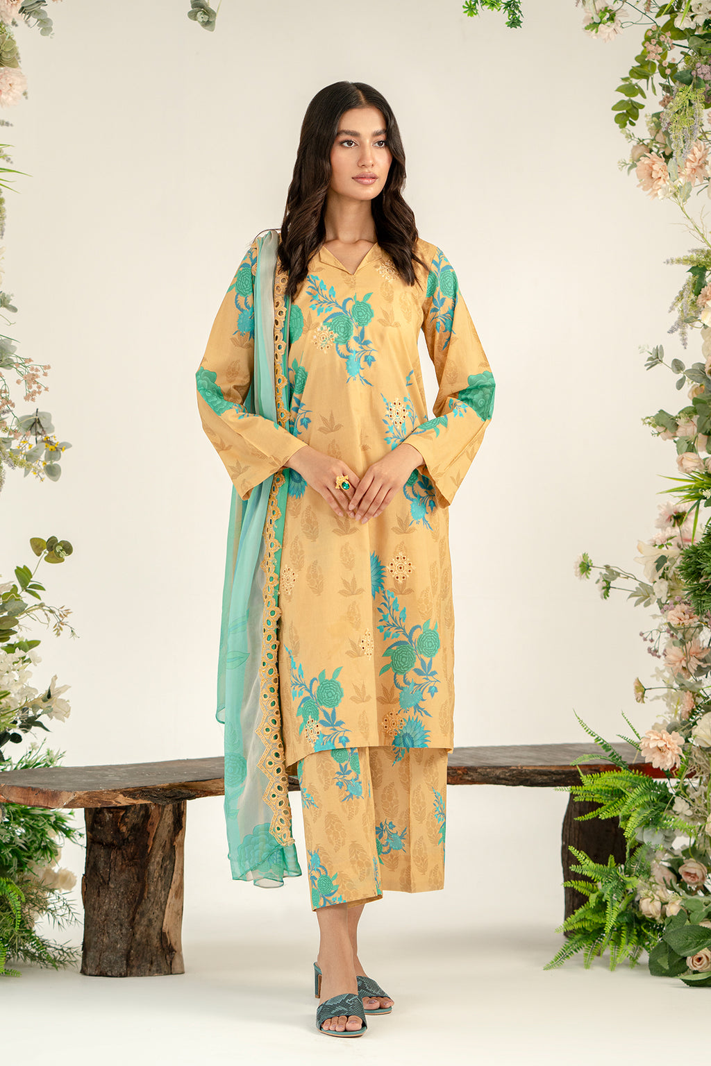 3-Pc Unstitched Printed Embroidered Lawn Suit With Chiffon Dupatta CRB3-24