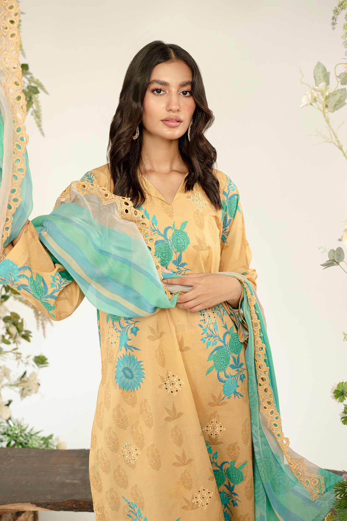 3-Pc Unstitched Printed Embroidered Lawn Suit With Chiffon Dupatta CRB3-24