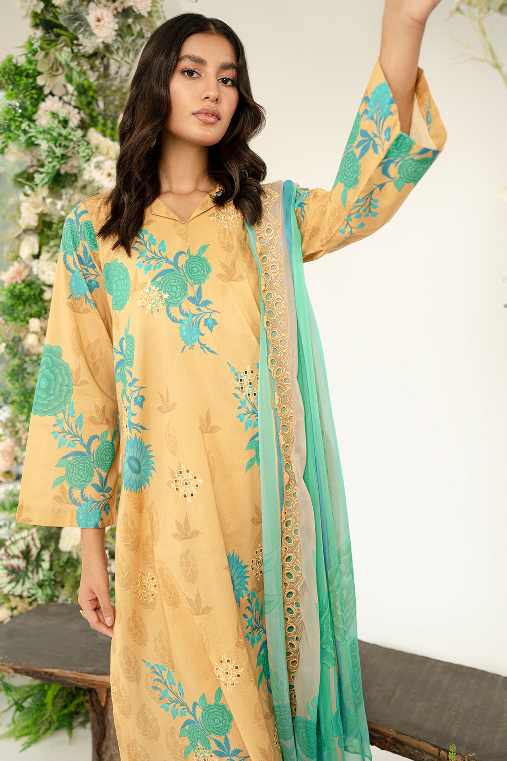 3-Pc Unstitched Printed Embroidered Lawn Suit With Chiffon Dupatta CRB3-24