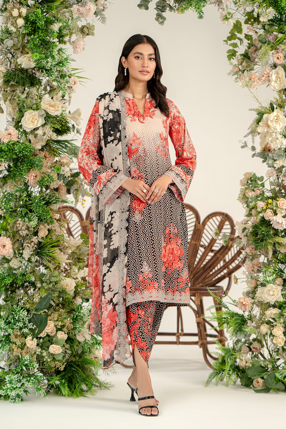 3-Pc Unstitched Printed Embroidered Lawn Suit With Chiffon Dupatta CRB3-23