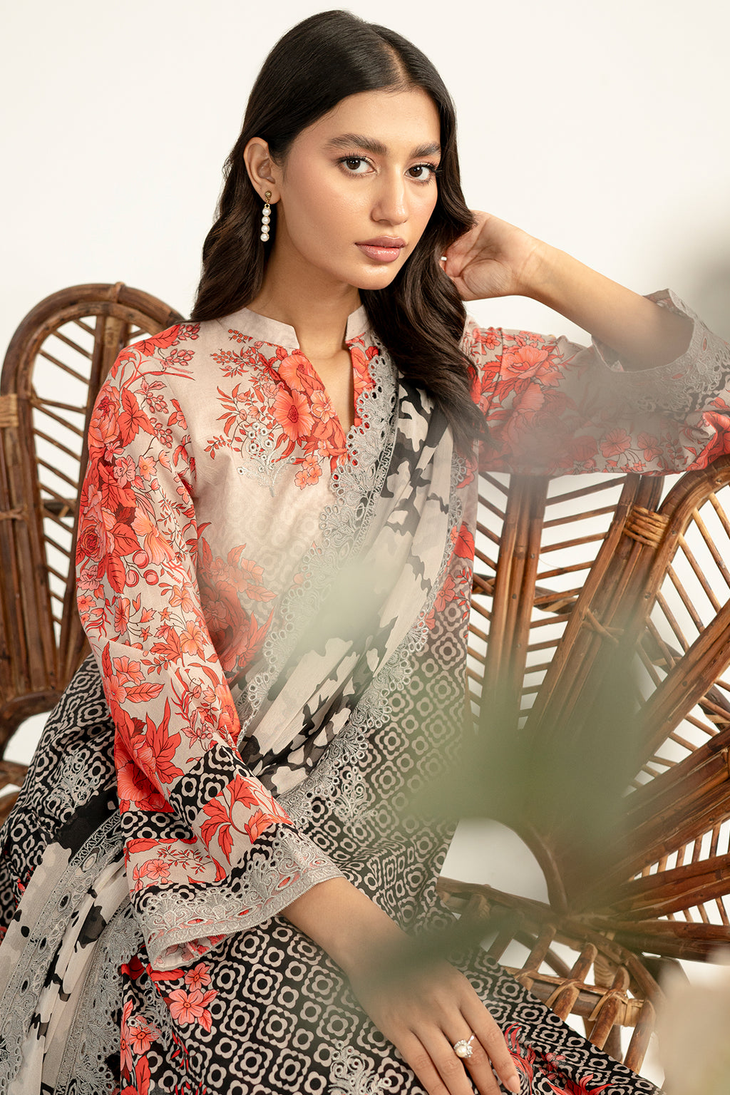 3-Pc Unstitched Printed Embroidered Lawn Suit With Chiffon Dupatta CRB3-23