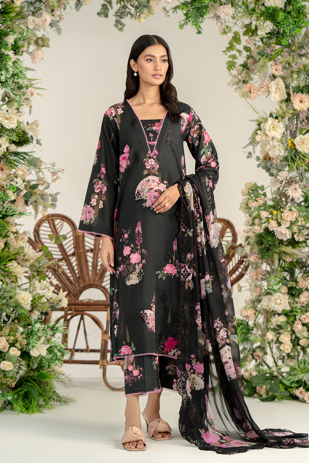 3-Pc Unstitched Printed Embroidered Lawn Suit With Chiffon Dupatta CRB3-33