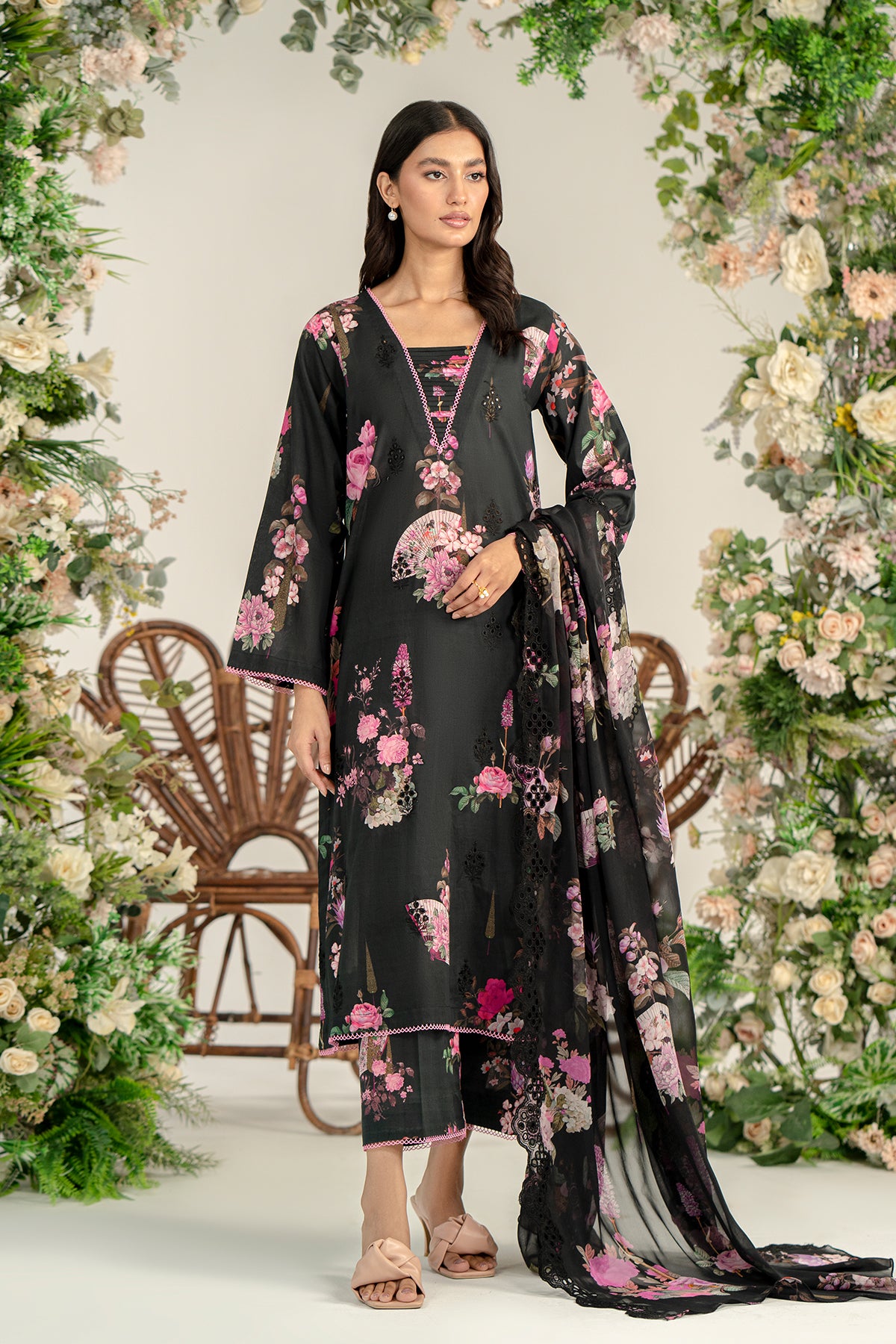 3-Pc Unstitched Printed Embroidered Lawn Suit With Chiffon Dupatta CRB3-33