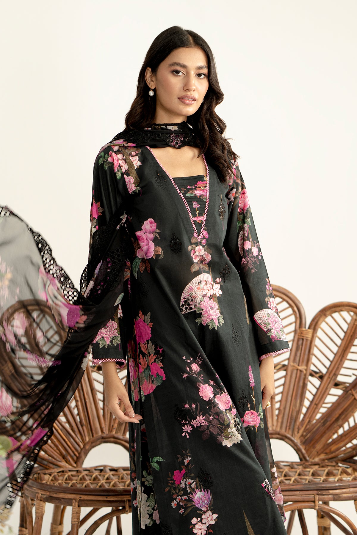 3-Pc Unstitched Printed Embroidered Lawn Suit With Chiffon Dupatta CRB3-33