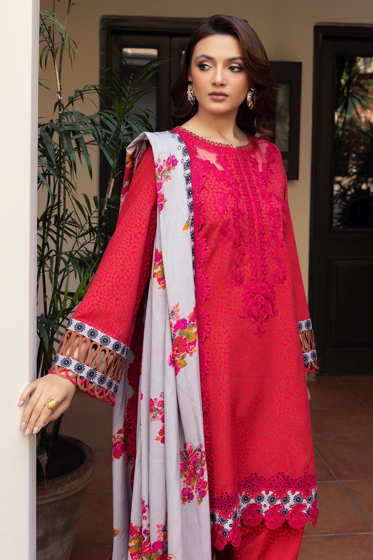 3-PC Embroidered Staple Shirt with Embroidered Shawl and Trouser DSWCC4-35