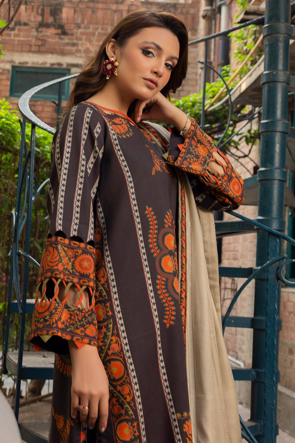 3-PC Printed Staple Shirt with Wool Shawl and Trouser DSWPM4-15