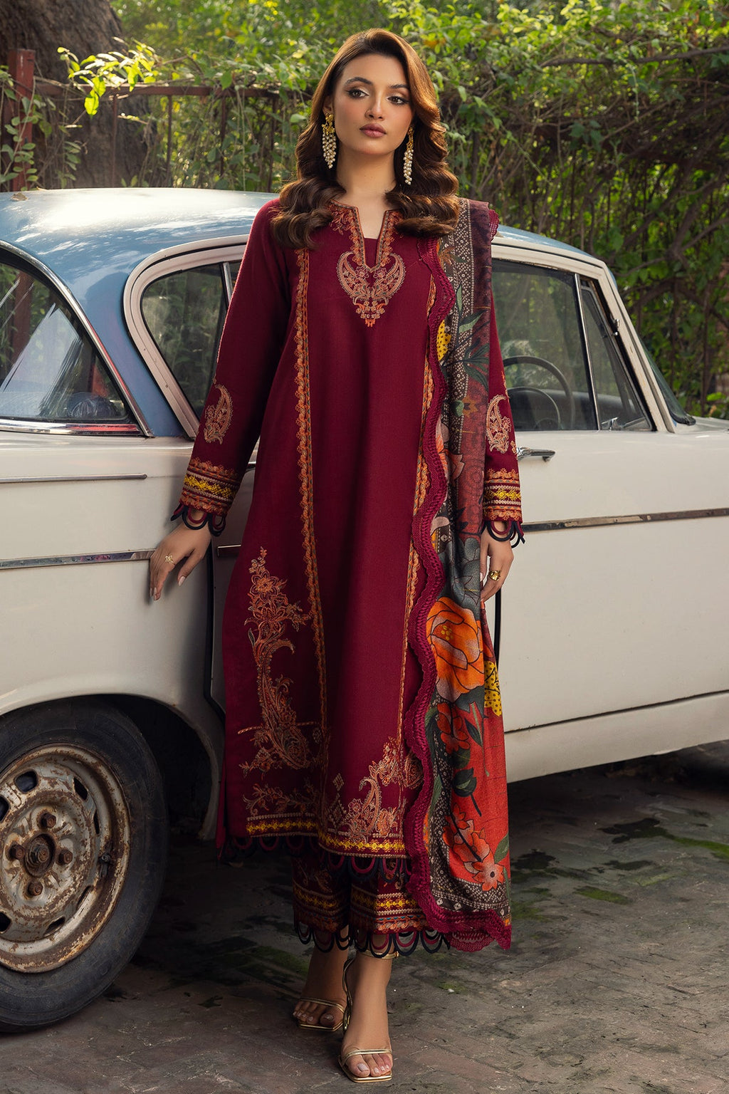 3-PC Embroidered Leather Shirt with Wool Shawl and Trouser DSWPS4-01