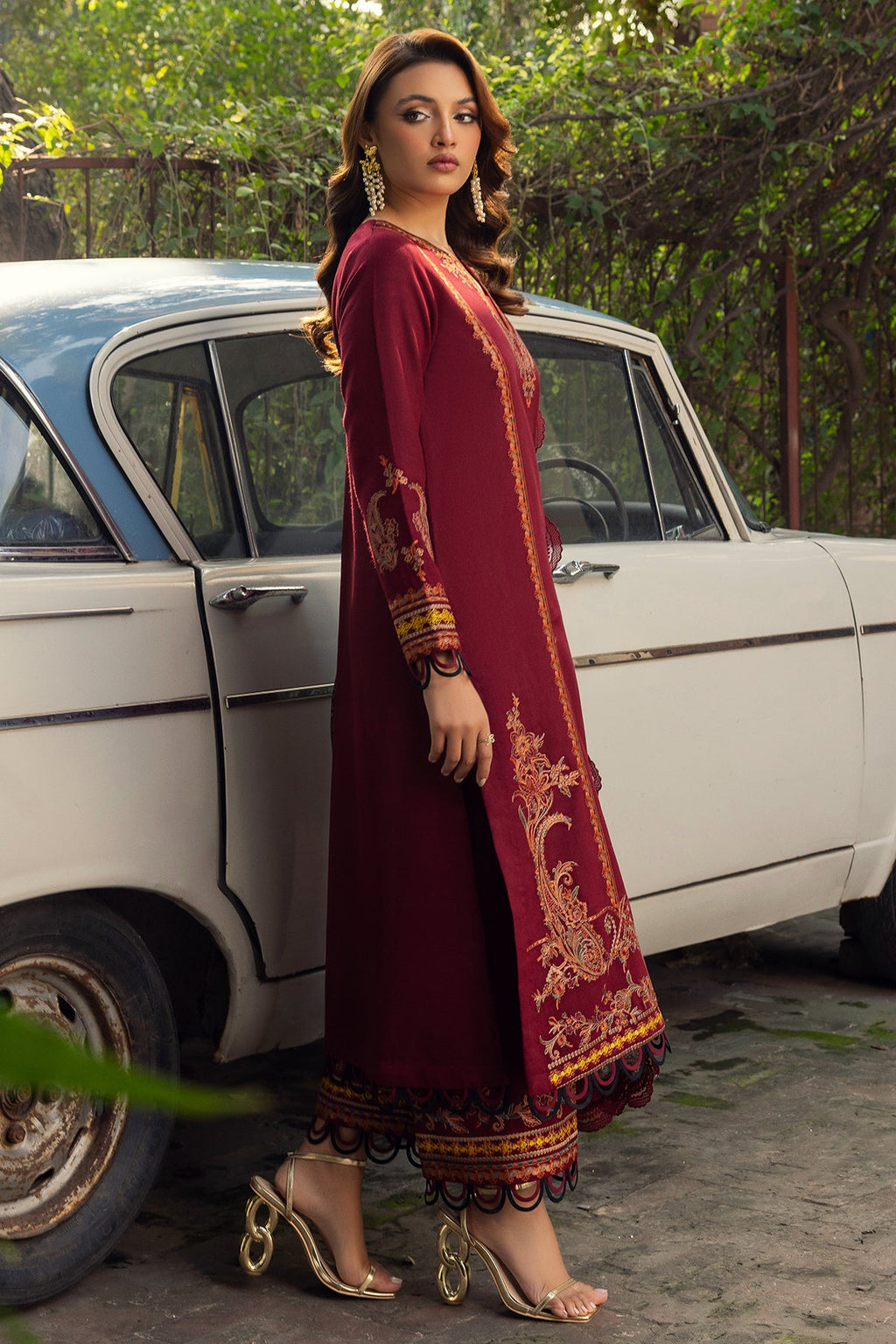 3-PC Embroidered Leather Shirt with Wool Shawl and Trouser DSWPS4-01