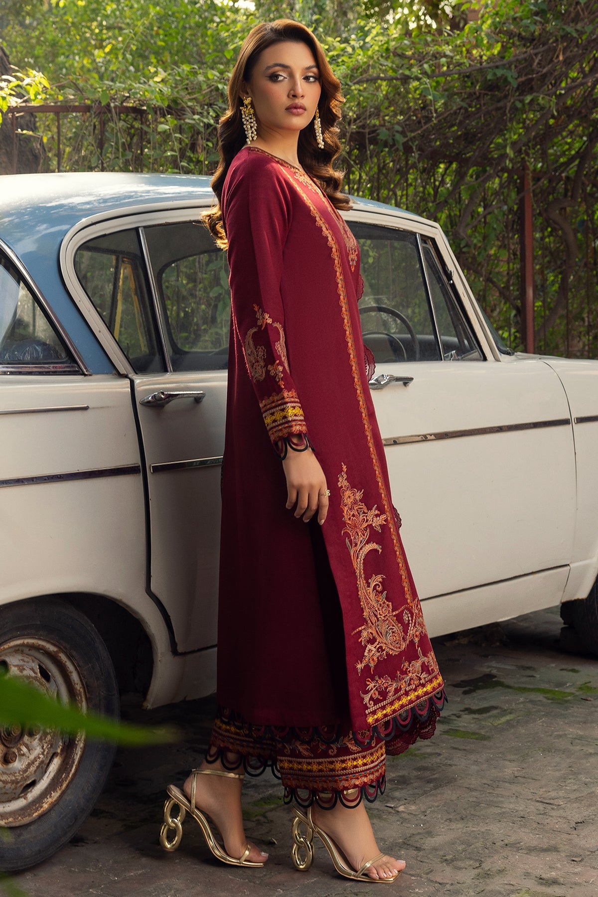 3-PC Embroidered Leather Shirt with Wool Shawl and Trouser DSWPS4-01