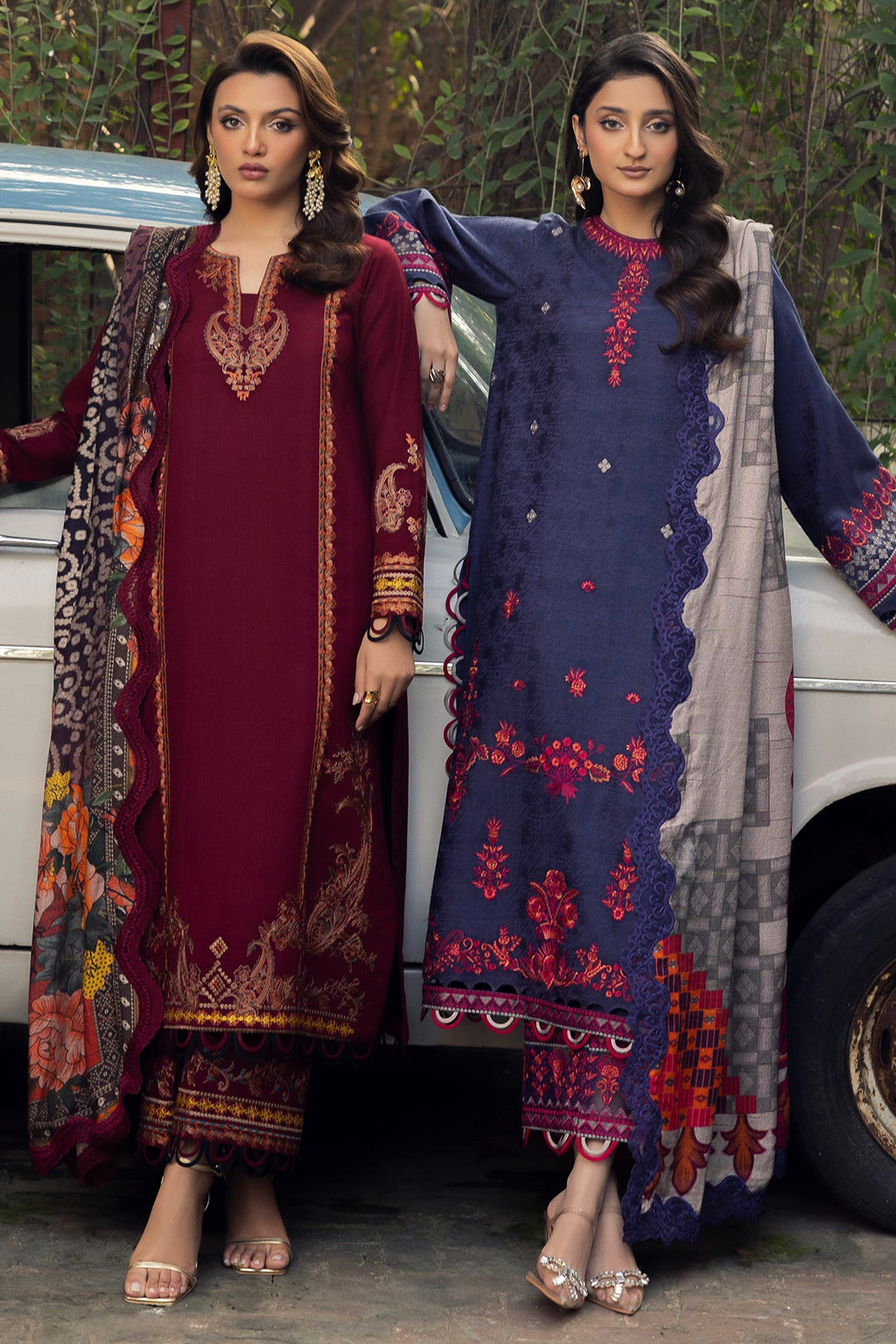 3-PC Embroidered Leather Shirt with Wool Shawl and Trouser DSWPS4-01