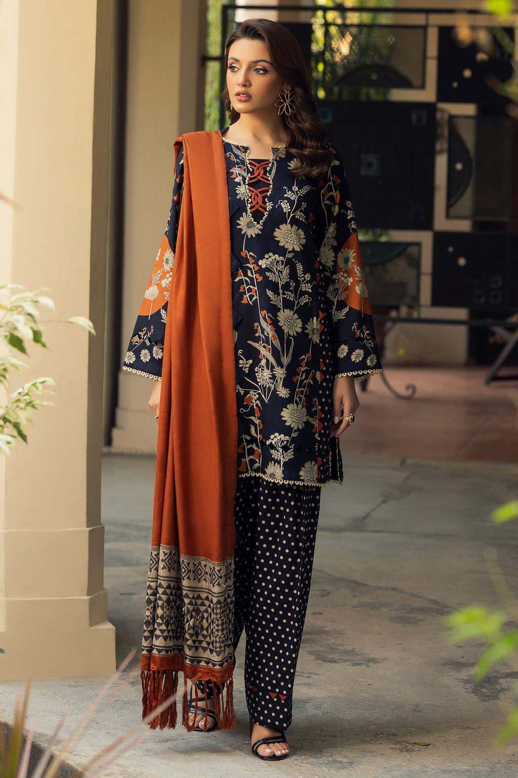 3-PC Printed Staple Shirt with Wool Shawl and Trouser DSWCP4-12