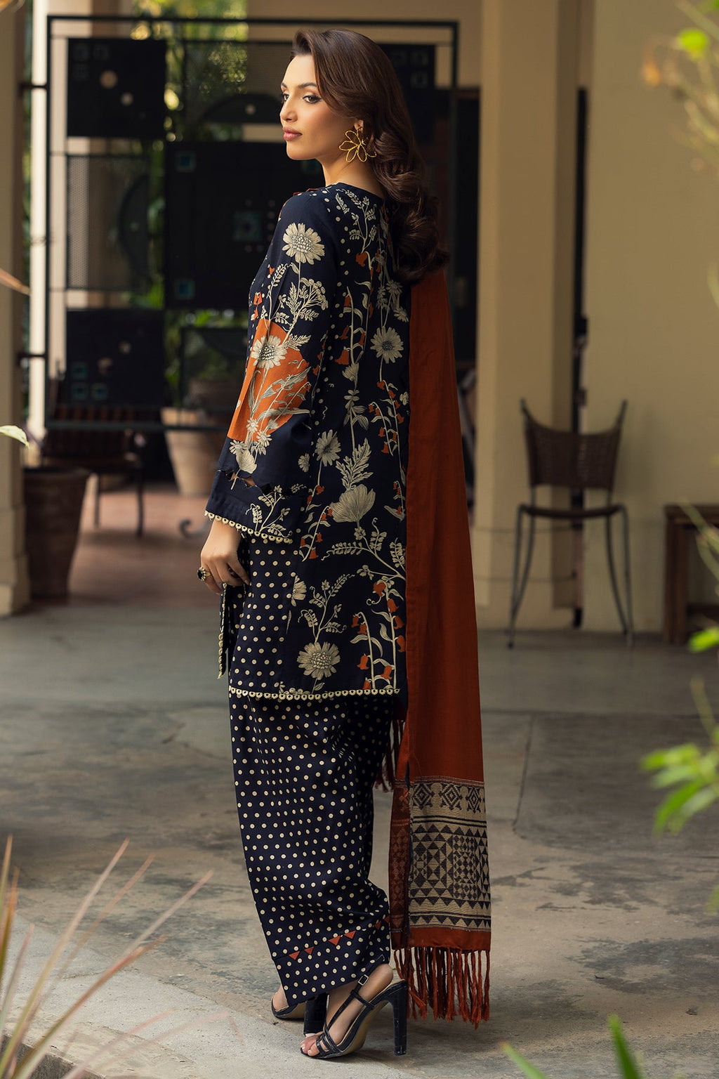 3-PC Printed Staple Shirt with Wool Shawl and Trouser DSWCP4-12