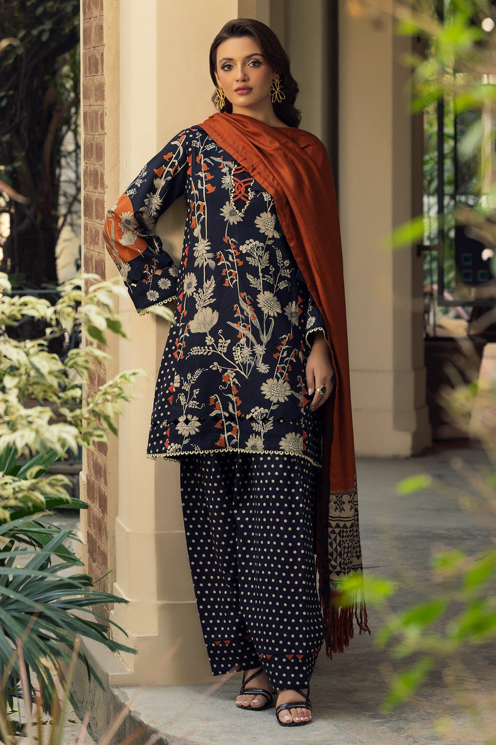 3-PC Printed Staple Shirt with Wool Shawl and Trouser DSWCP4-12