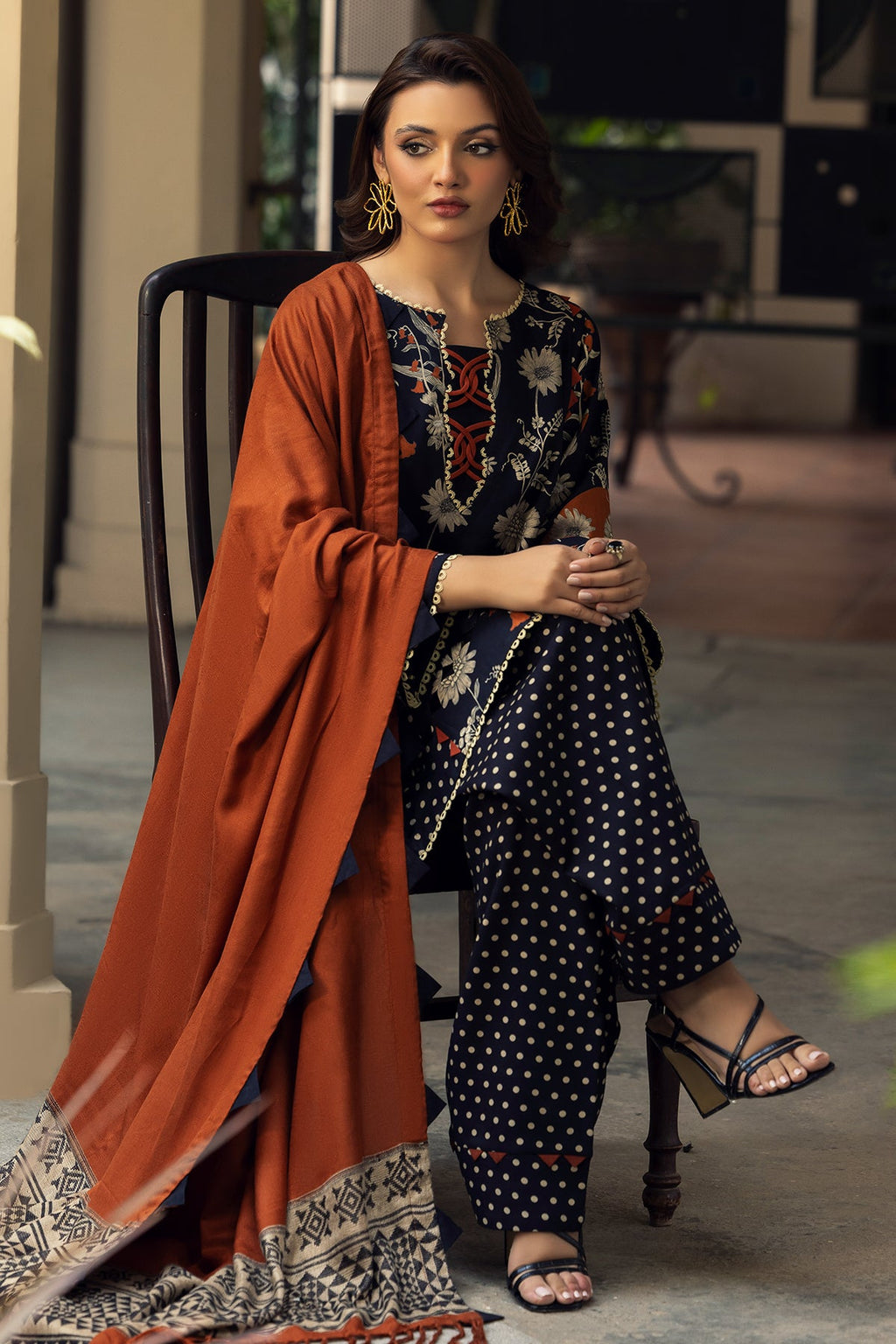 3-PC Printed Staple Shirt with Wool Shawl and Trouser DSWCP4-12