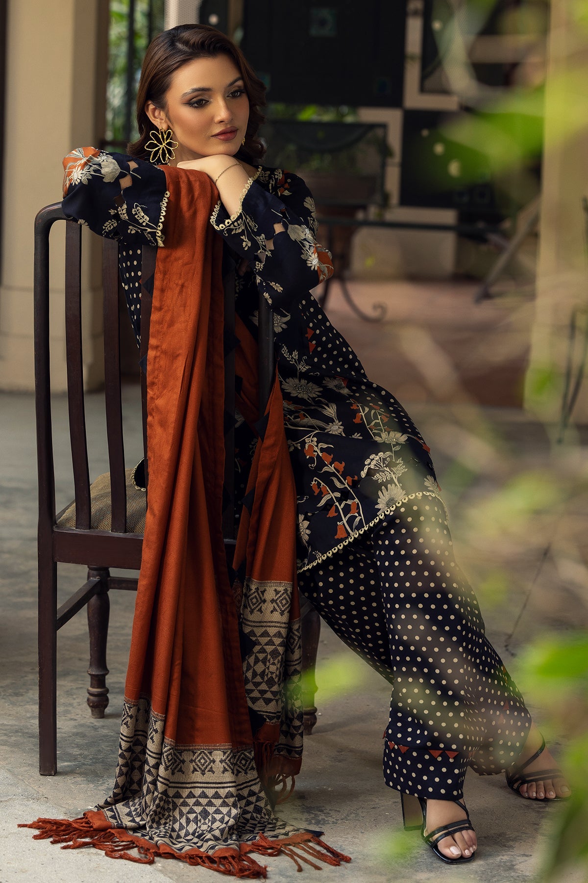 3-PC Printed Staple Shirt with Wool Shawl and Trouser DSWCP4-12