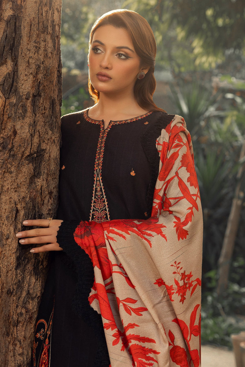 3-PC Embroidered Leather Shirt with Wool Shawl and Trouser DSWPS4-03