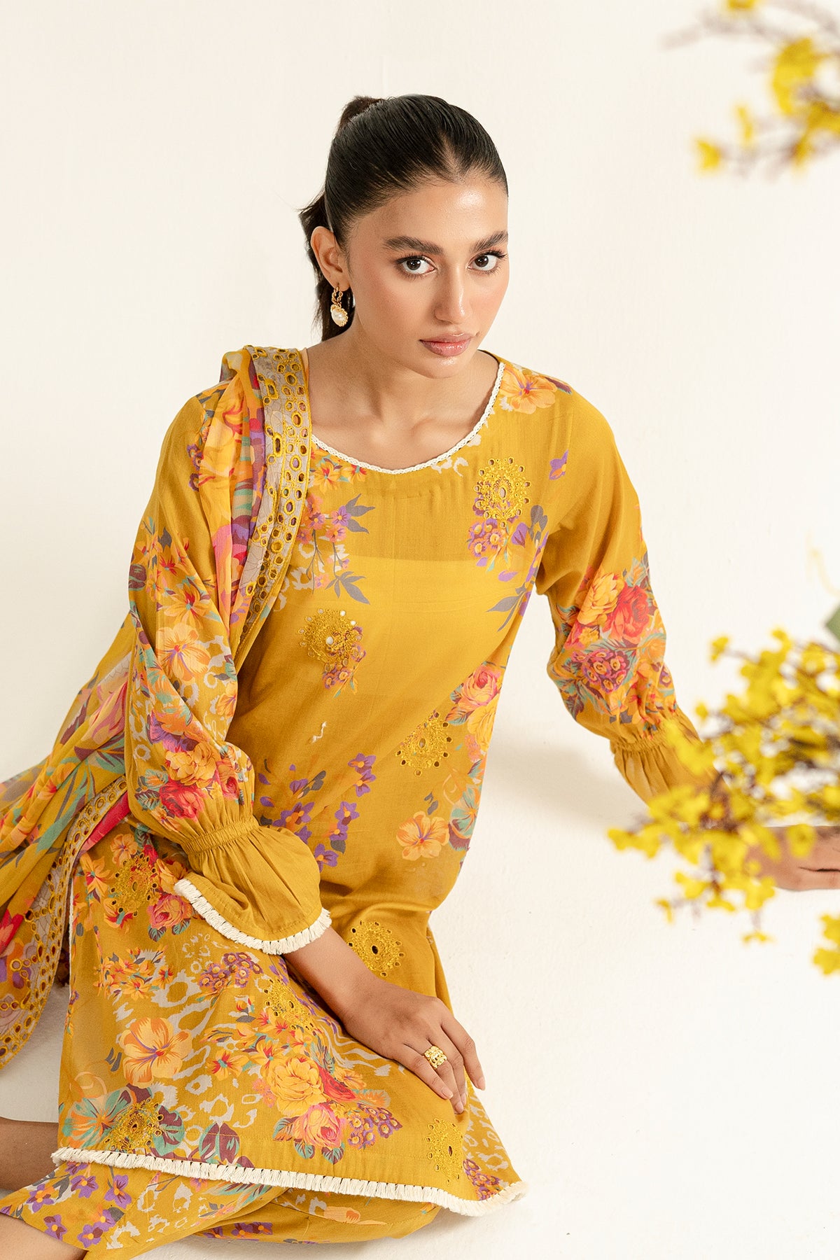3-Pc Unstitched Printed Embroidered Lawn Suit With Chiffon Dupatta CRB3-31