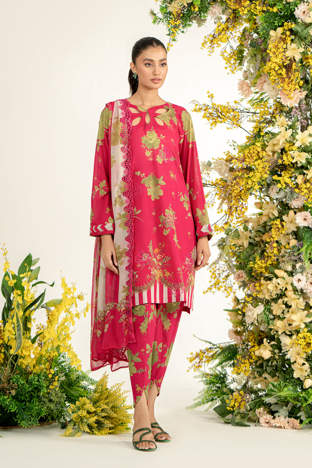 3-Pc Unstitched Printed Embroidered Lawn Suit With Chiffon Dupatta CRB3-32