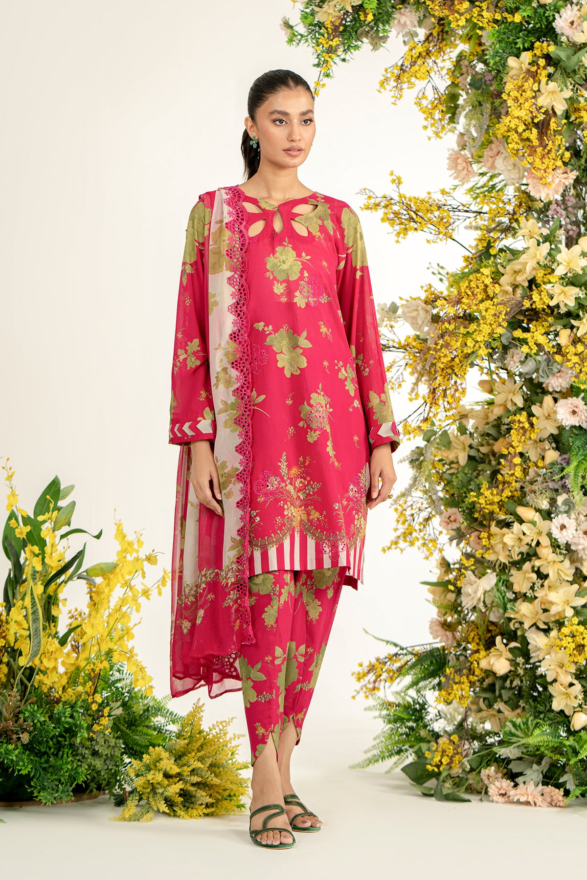3-Pc Unstitched Printed Embroidered Lawn Suit With Chiffon Dupatta CRB3-32