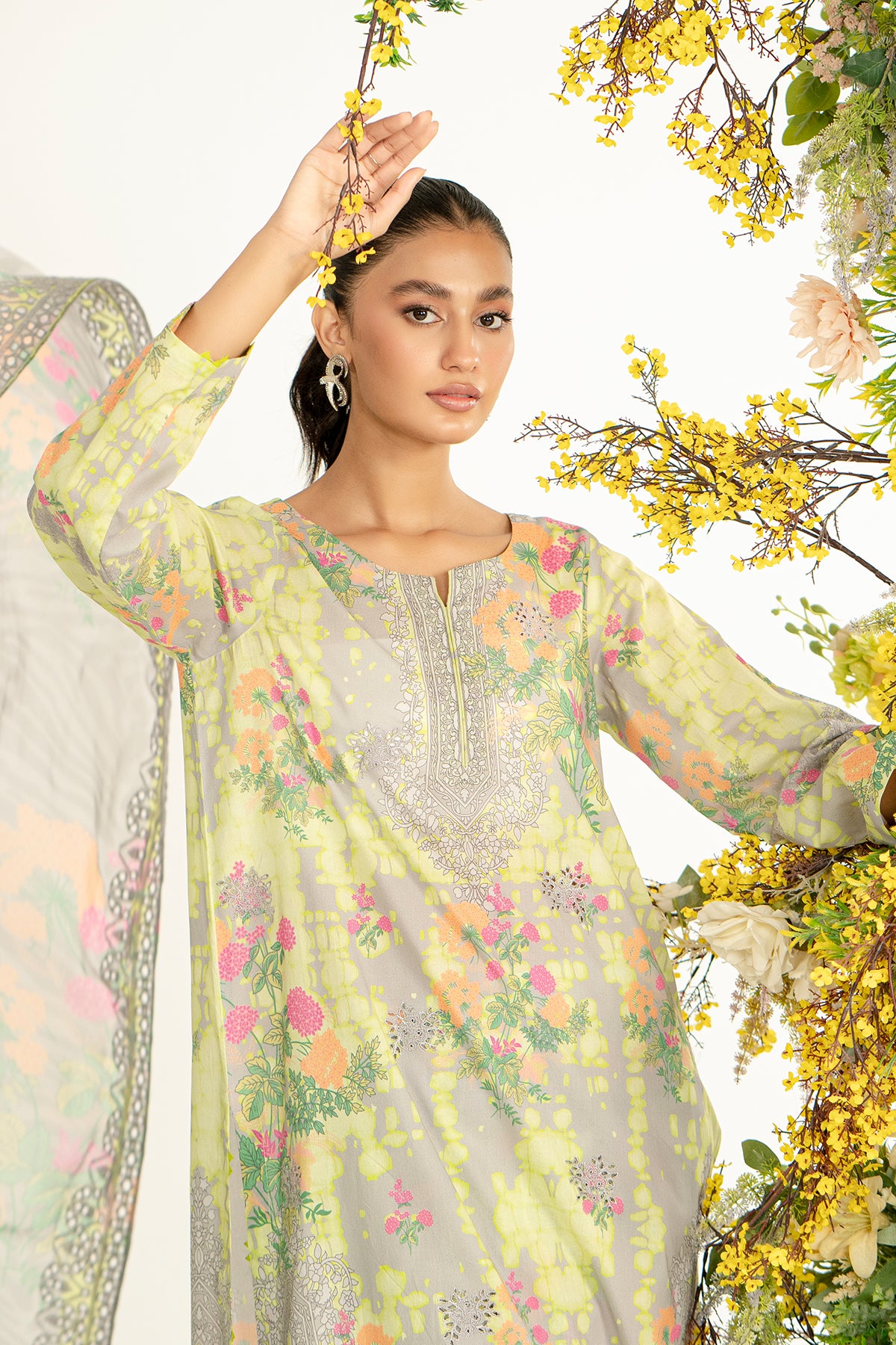 3-Pc Unstitched Printed Embroidered Lawn Suit With Chiffon Dupatta CRB3-30