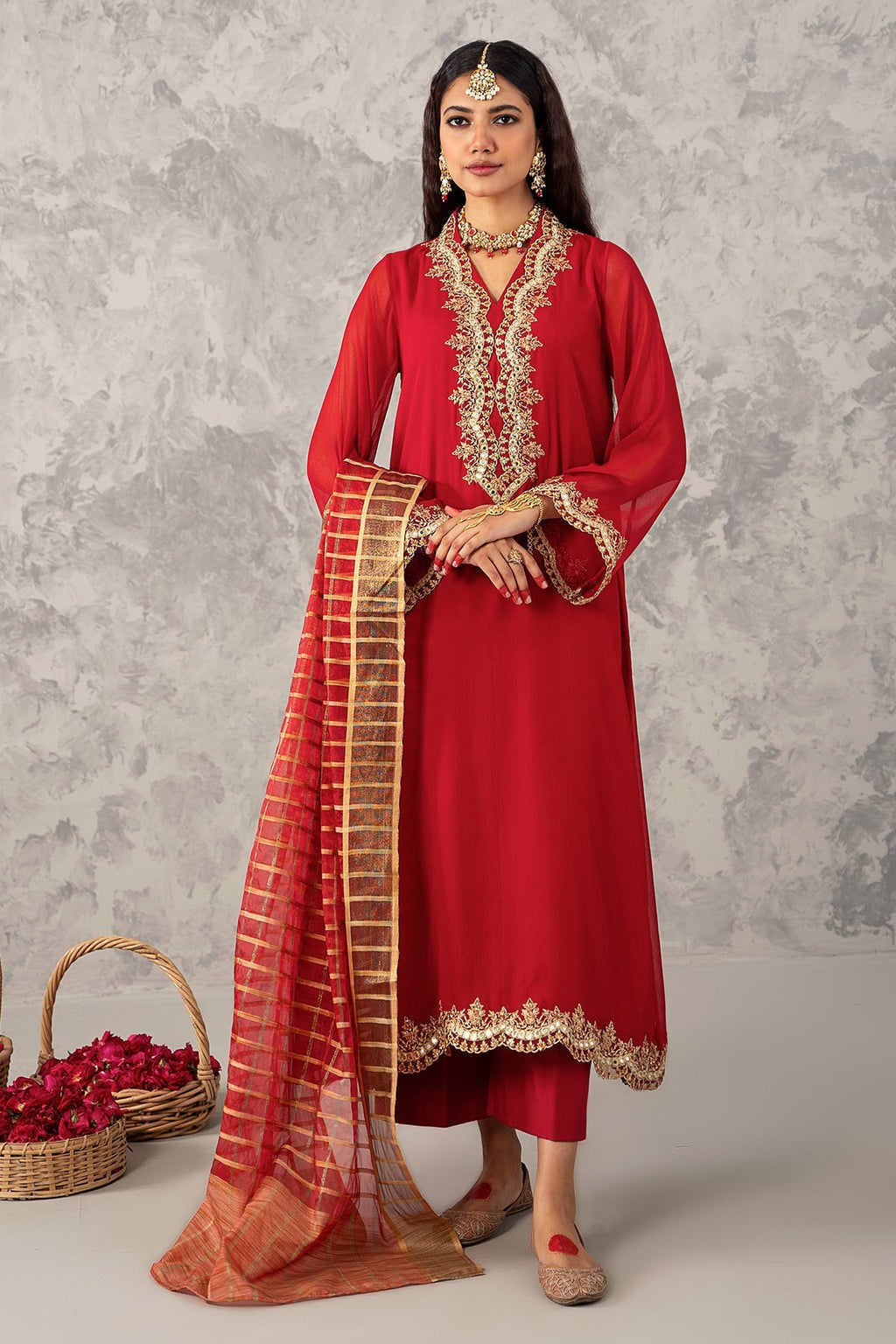 3-PC Embroidered Chiffon Shirt with Zari Dupatta and TrouserCMA-4-267