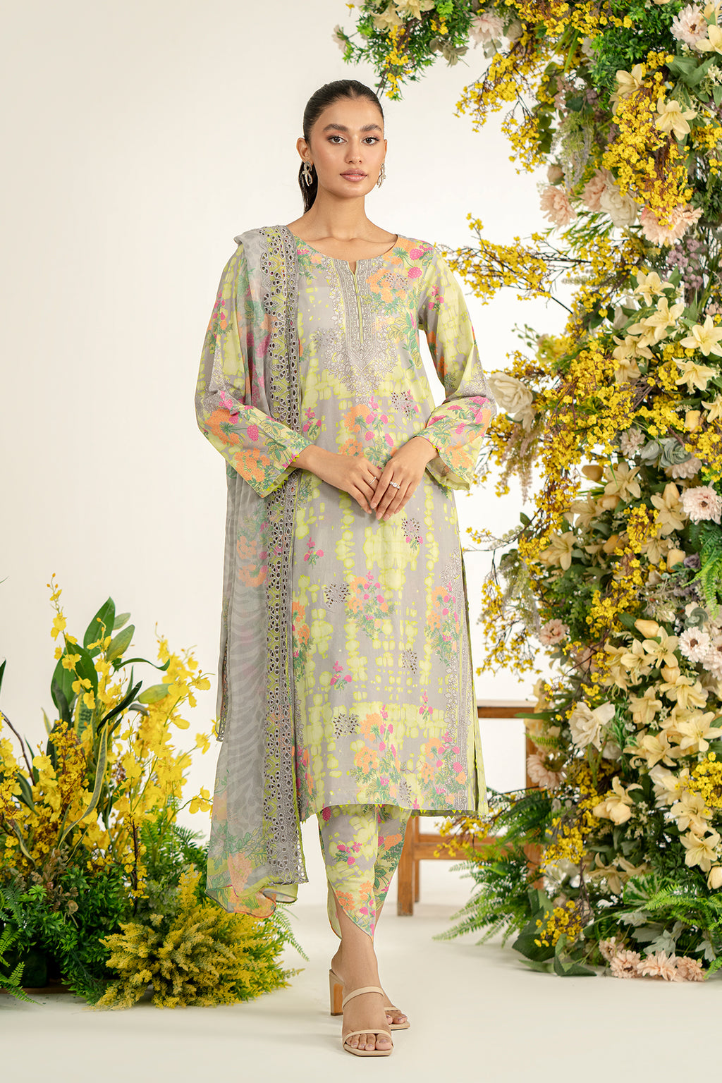 3-Pc Unstitched Printed Embroidered Lawn Suit With Chiffon Dupatta CRB3-30