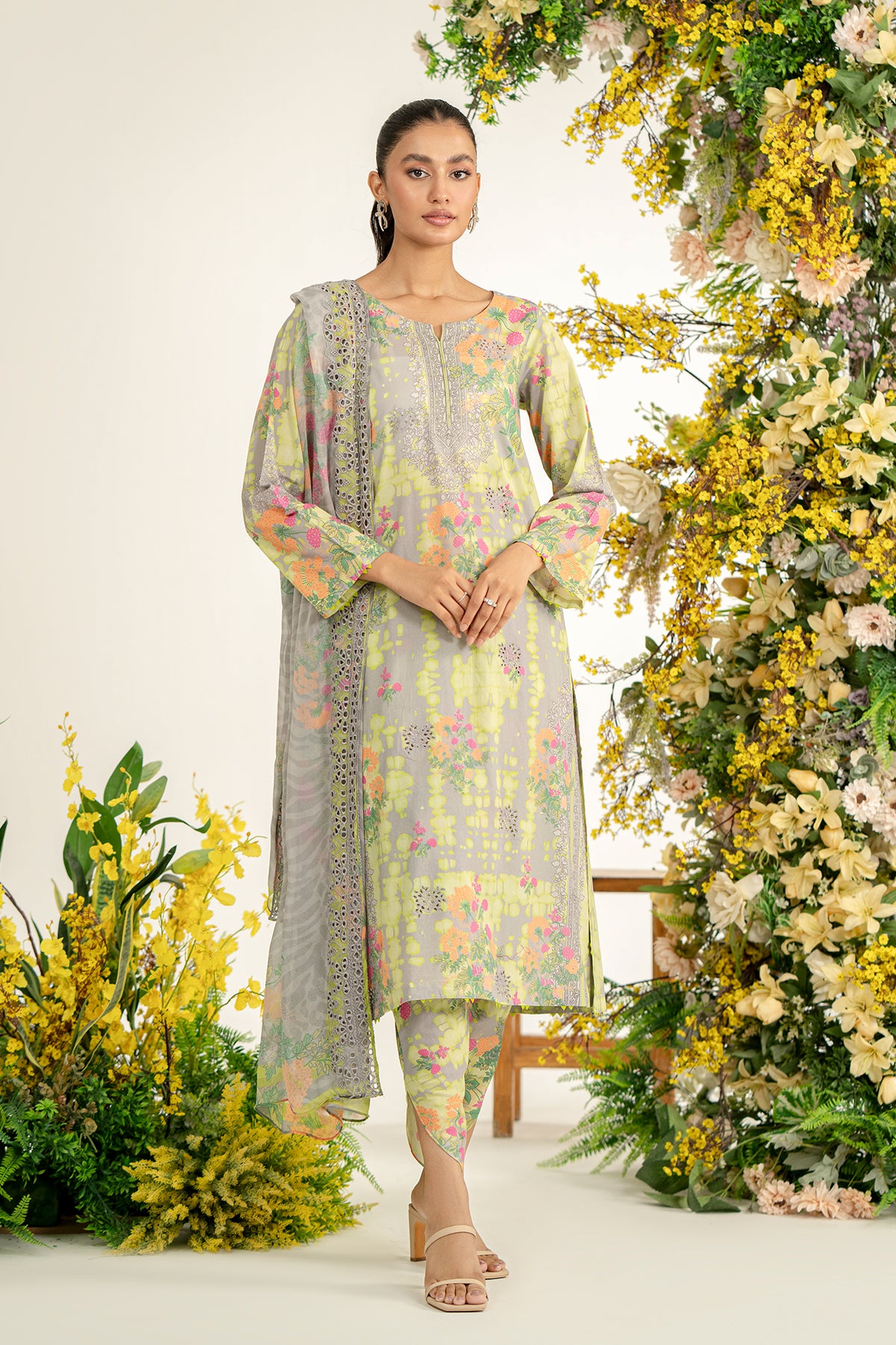 3-Pc Unstitched Printed Embroidered Lawn Suit With Chiffon Dupatta CRB3-30