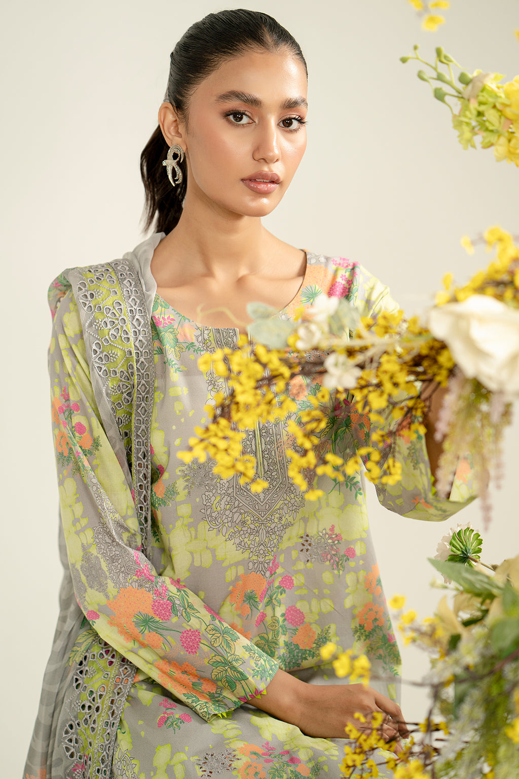 3-Pc Unstitched Printed Embroidered Lawn Suit With Chiffon Dupatta CRB3-30