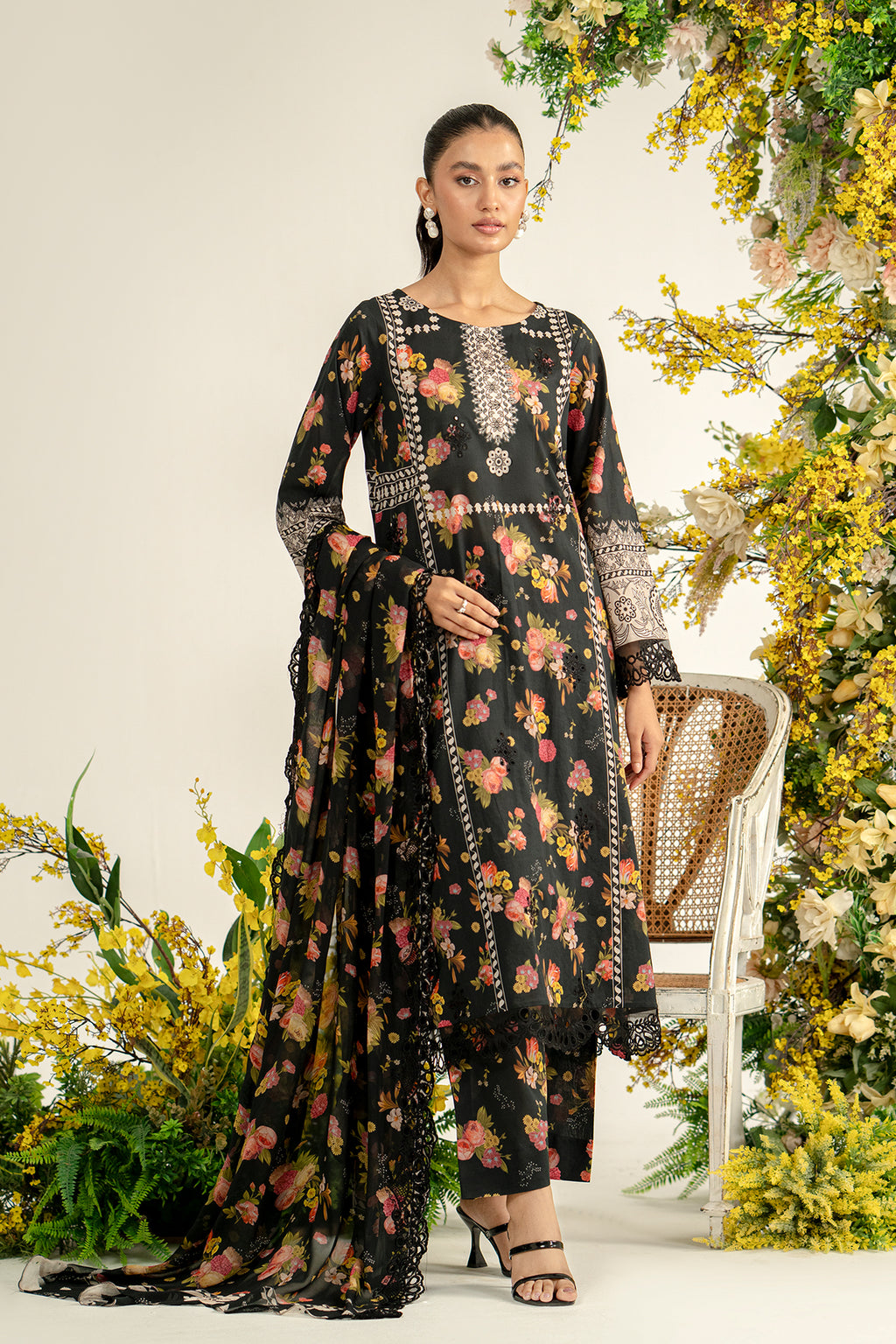 3-Pc Unstitched Printed Embroidered Lawn Suit With Chiffon Dupatta CRB3-22