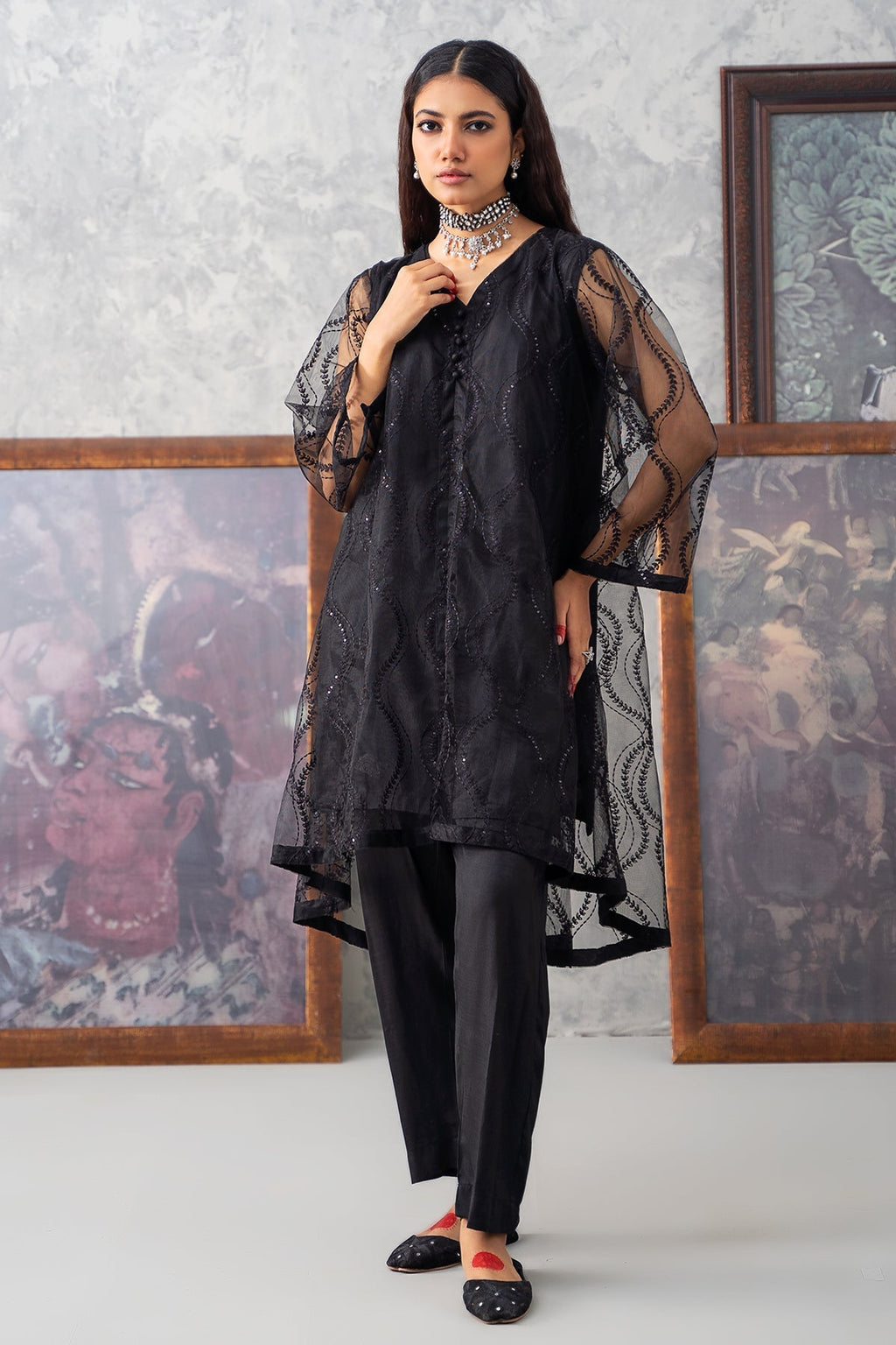 2-PC Embroidered Poly Organza Shirt with Trouser CMA-3-256 (BLACK)