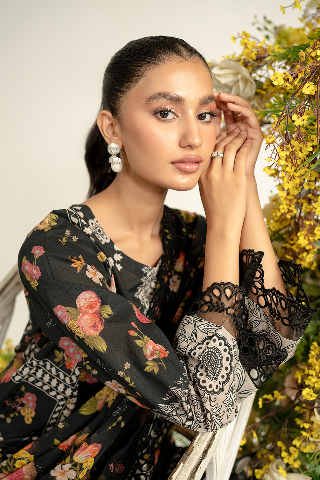 3-Pc Unstitched Printed Embroidered Lawn Suit With Chiffon Dupatta CRB3-22