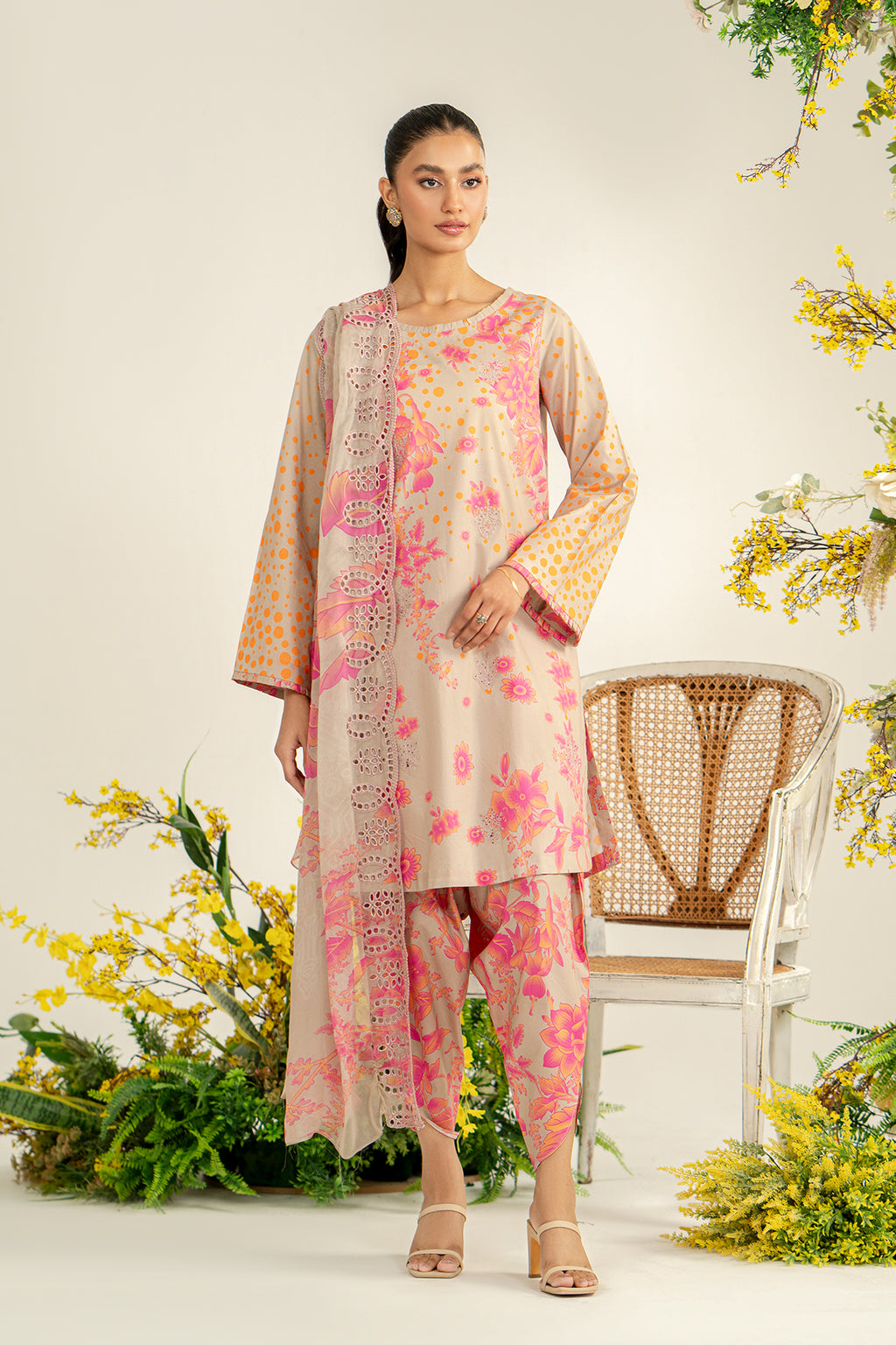 3-Pc Unstitched Printed Embroidered Lawn Suit With Chiffon Dupatta CRB3-35