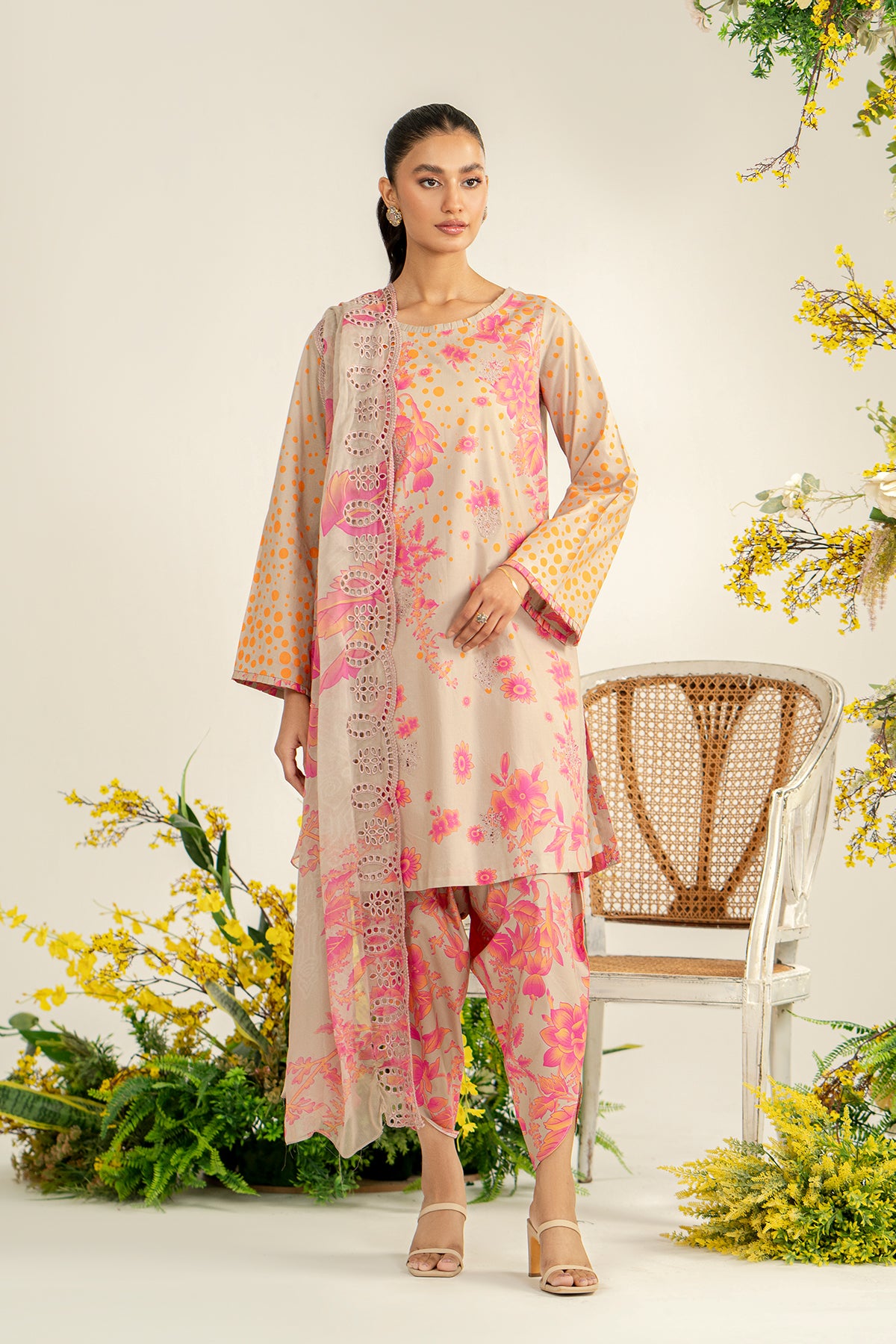 3-Pc Unstitched Printed Embroidered Lawn Suit With Chiffon Dupatta CRB3-35