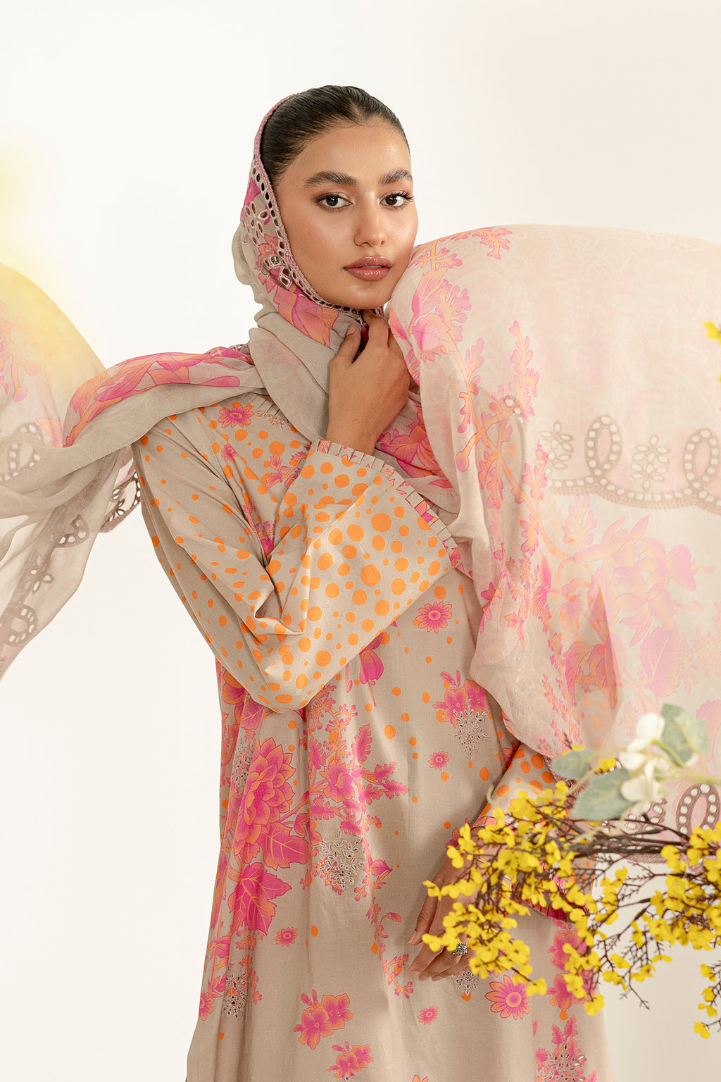 3-Pc Unstitched Printed Embroidered Lawn Suit With Chiffon Dupatta CRB3-35