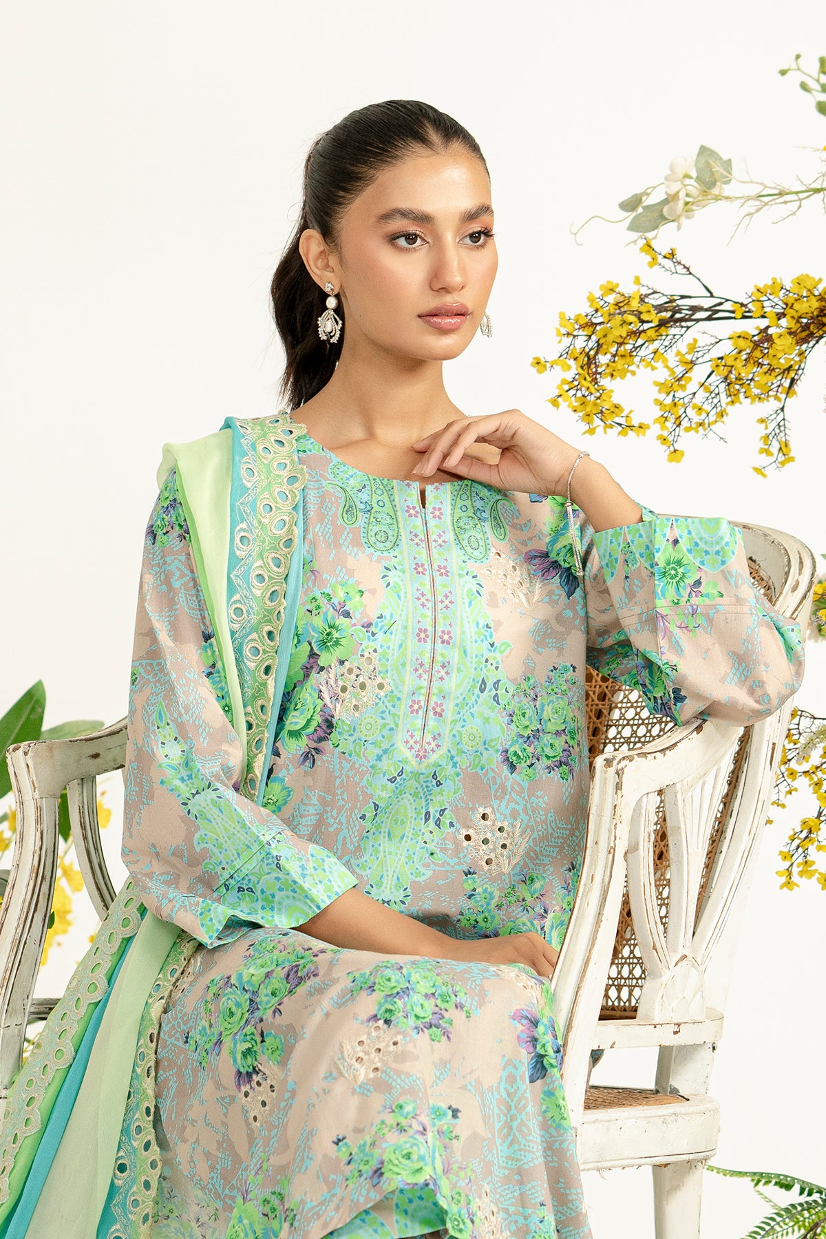 3-Pc Unstitched Printed Embroidered Lawn Suit With Chiffon Dupatta CRB3-34