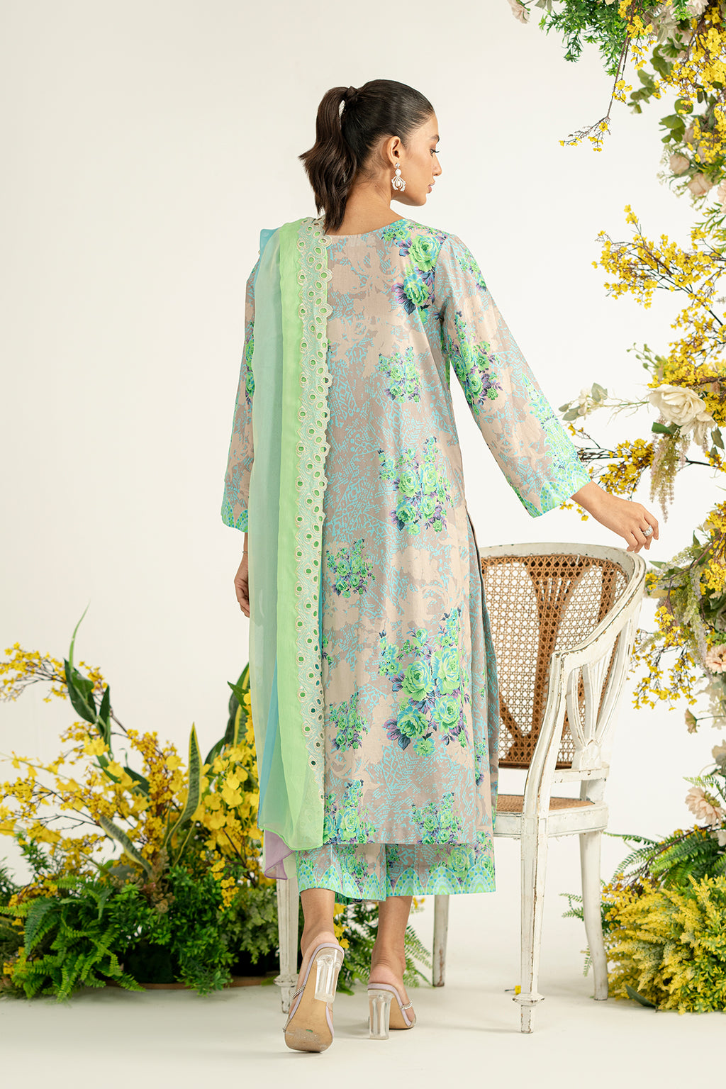 3-Pc Unstitched Printed Embroidered Lawn Suit With Chiffon Dupatta CRB3-34