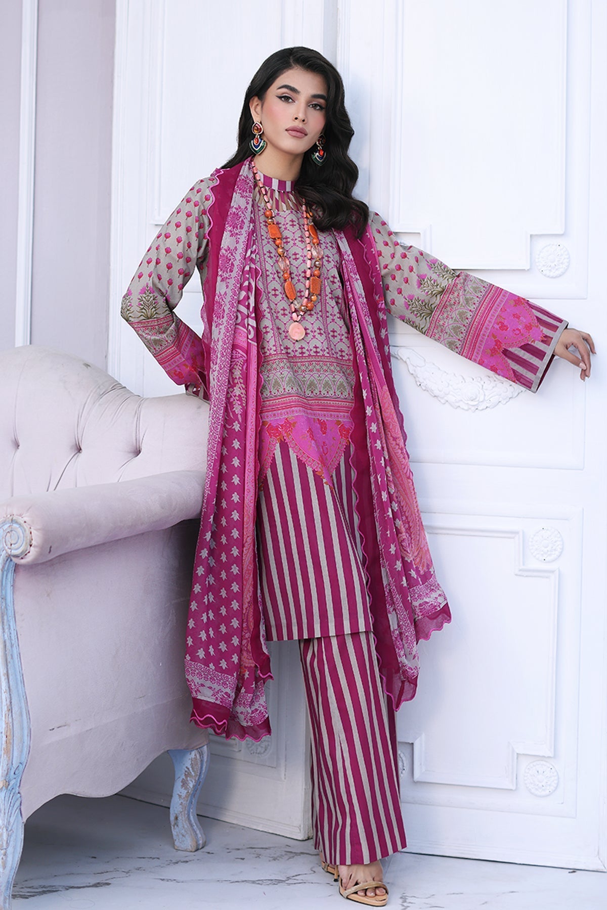 3-PC Unstitched Printed Lawn Shirt with Chiffon Dupatta and Trouser CPS4-04
