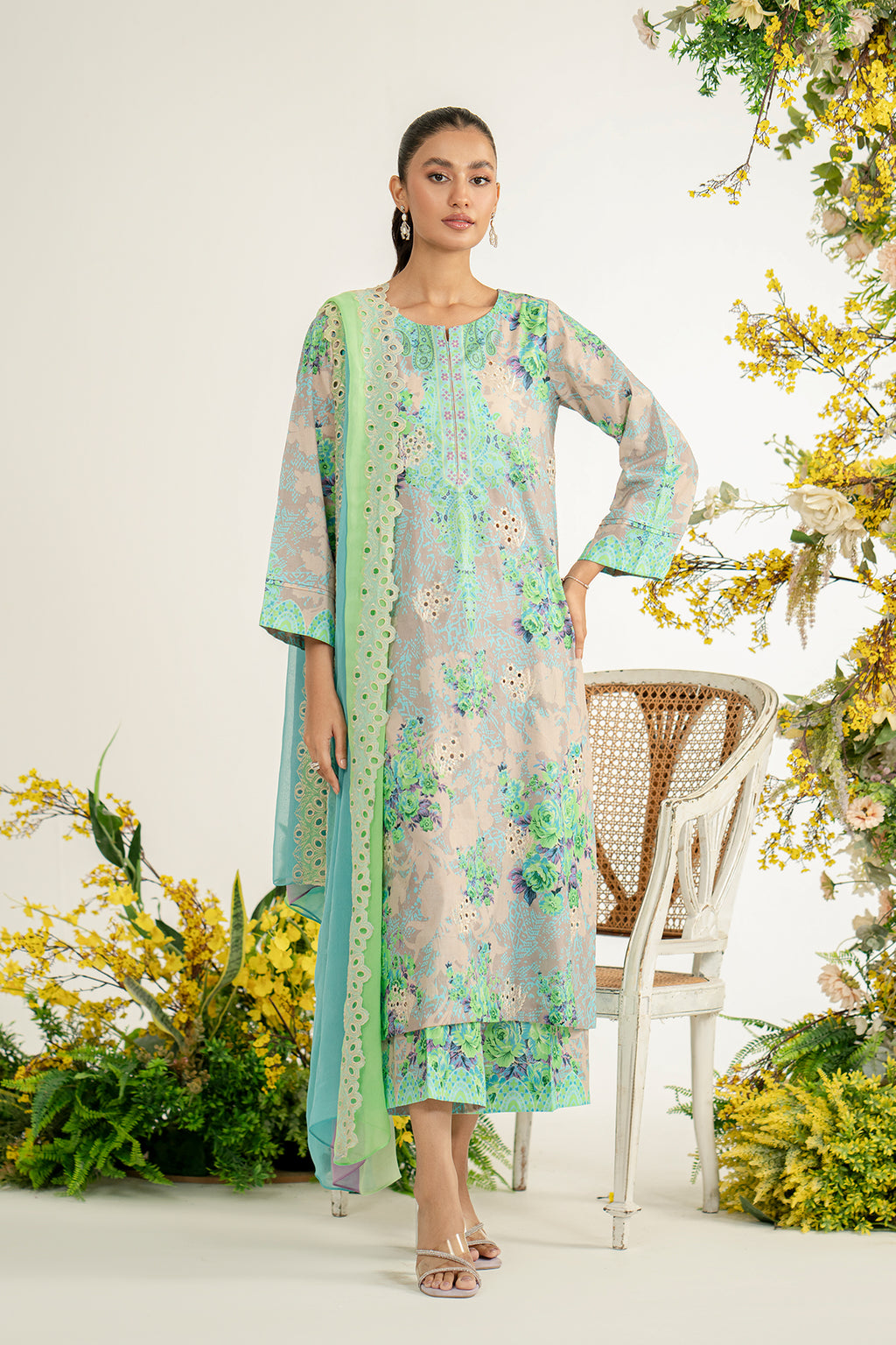 3-Pc Unstitched Printed Embroidered Lawn Suit With Chiffon Dupatta CRB3-34