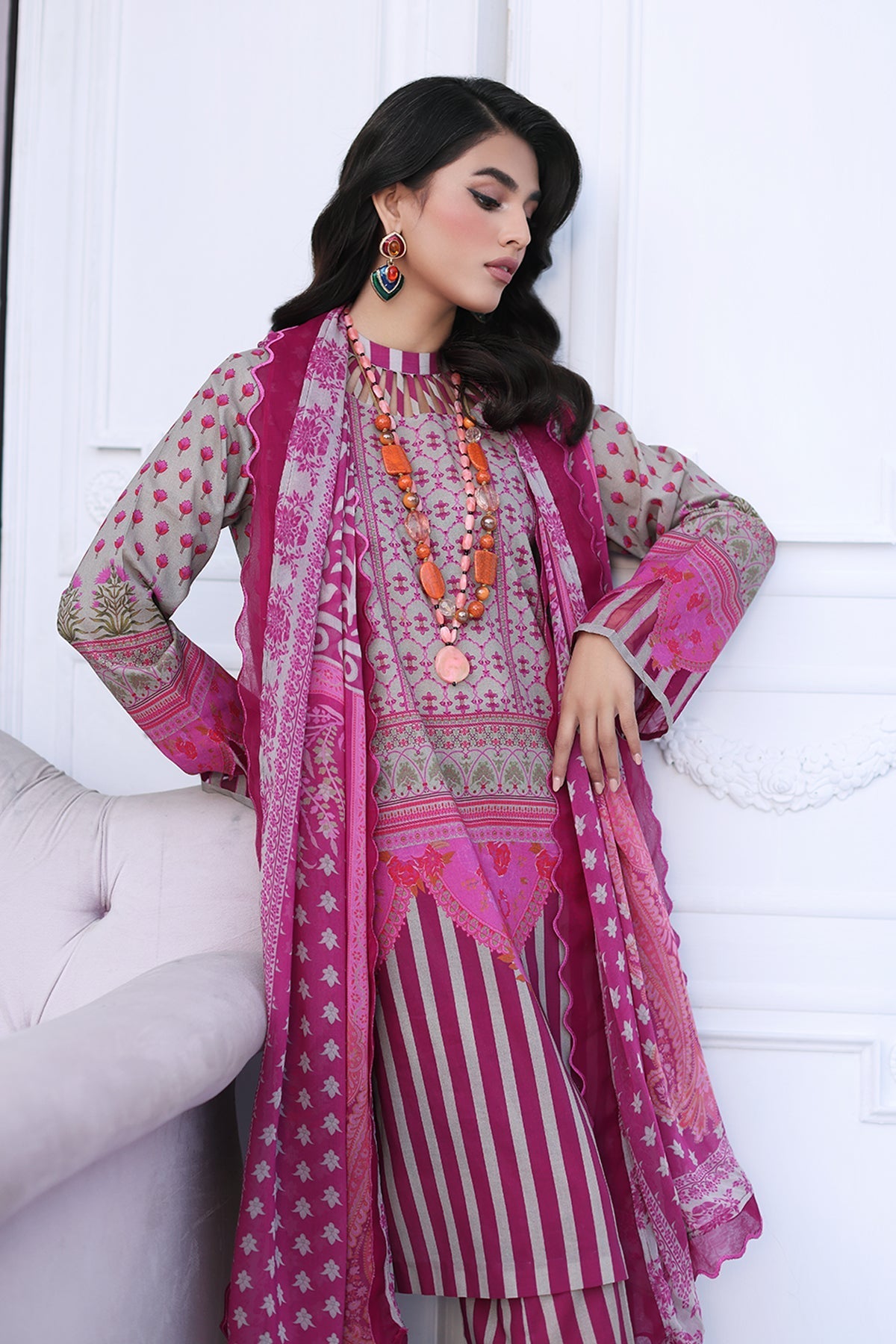 3-PC Unstitched Printed Lawn Shirt with Chiffon Dupatta and Trouser CPS4-04