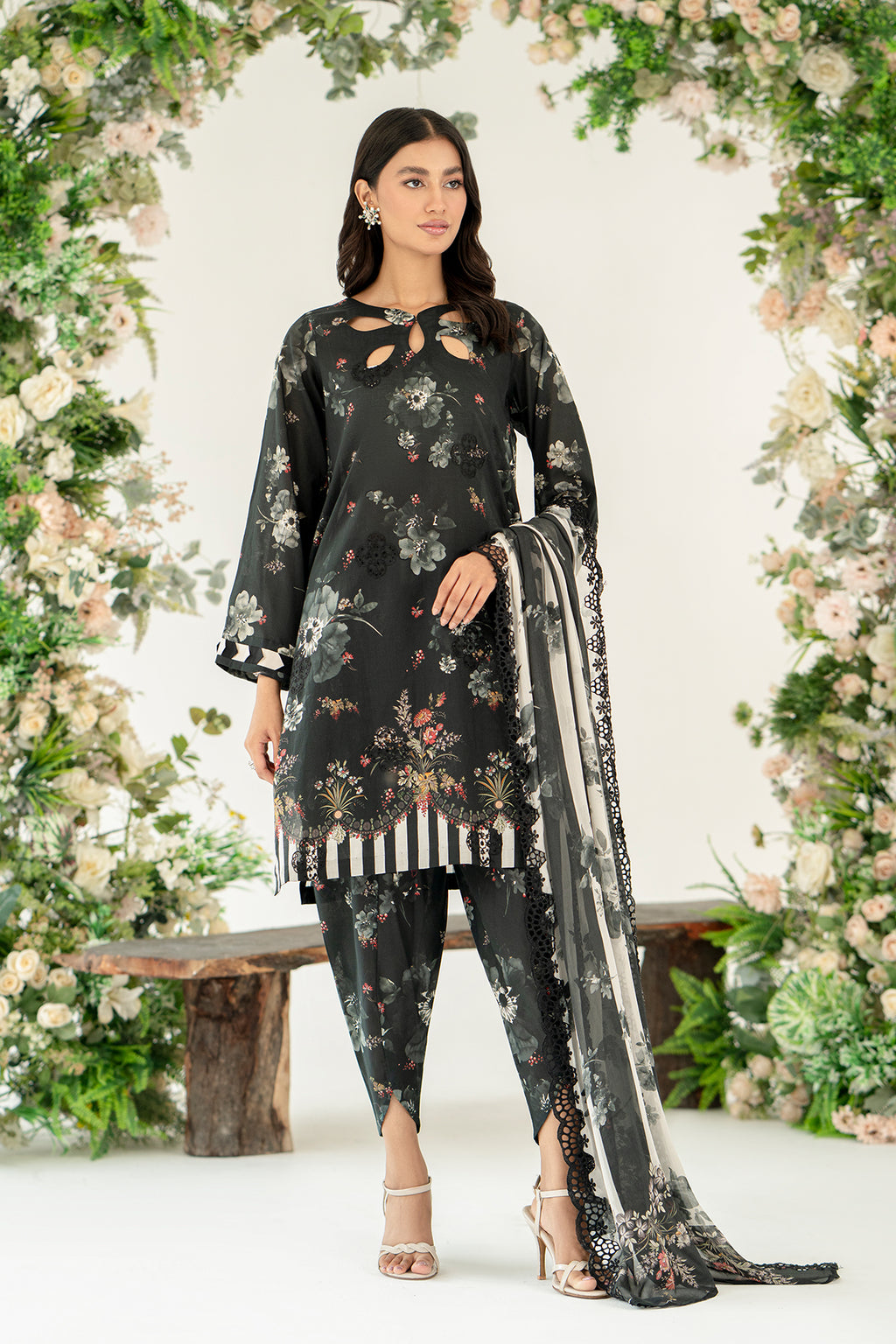 3-Pc Unstitched Printed Embroidered Lawn Suit With Chiffon Dupatta CRB3-25
