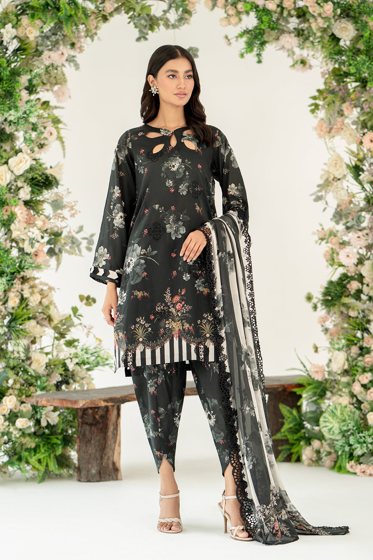 3-Pc Unstitched Printed Embroidered Lawn Suit With Chiffon Dupatta CRB3-25